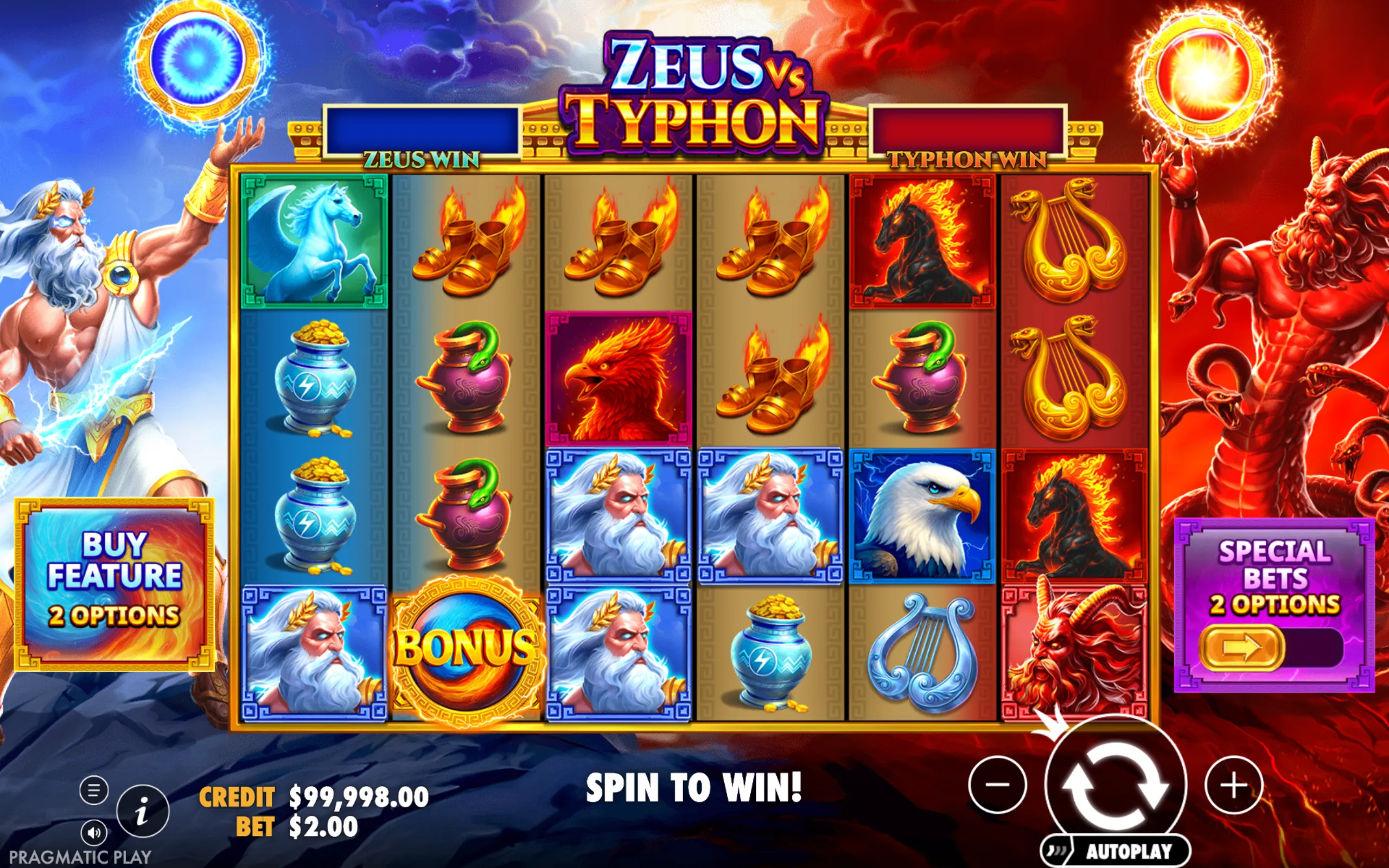 Zeus vs Typhon slot game featuring Greek mythology symbols with Zeus and Typhon characters flanking the reels, showcasing bonus and special bet options.