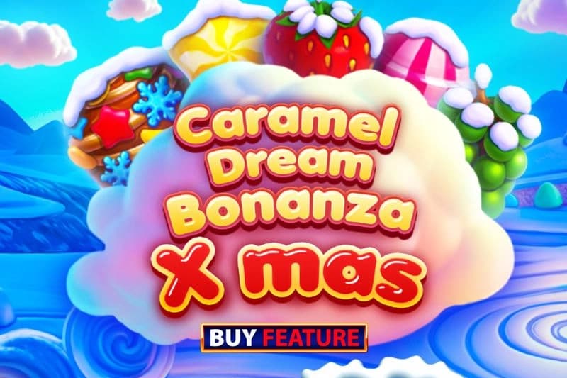 Logo for the Caramel Dream Bonanza Xmas slot, showing colorful holiday-themed candy against a snowy background.