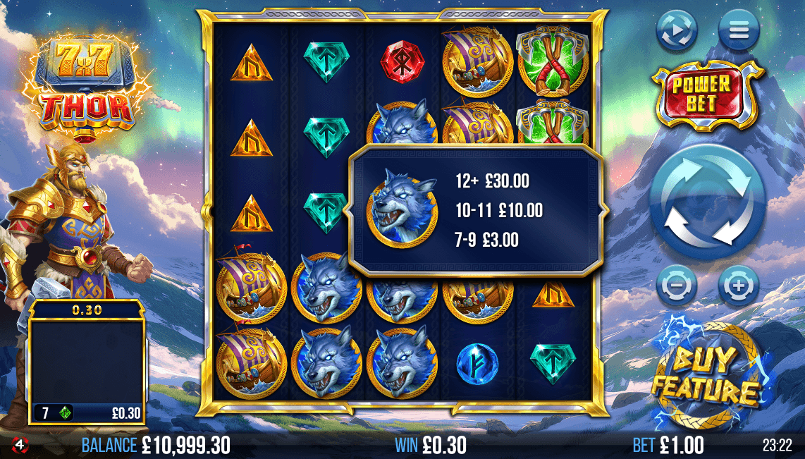 7x7 Thor slot gameplay showing wolf symbol win with paytable displaying payouts on 5x5 grid with Norse-themed symbols