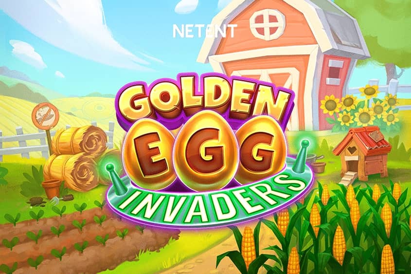 Golden Egg Invaders slot logo with farm and UFO invasion theme background