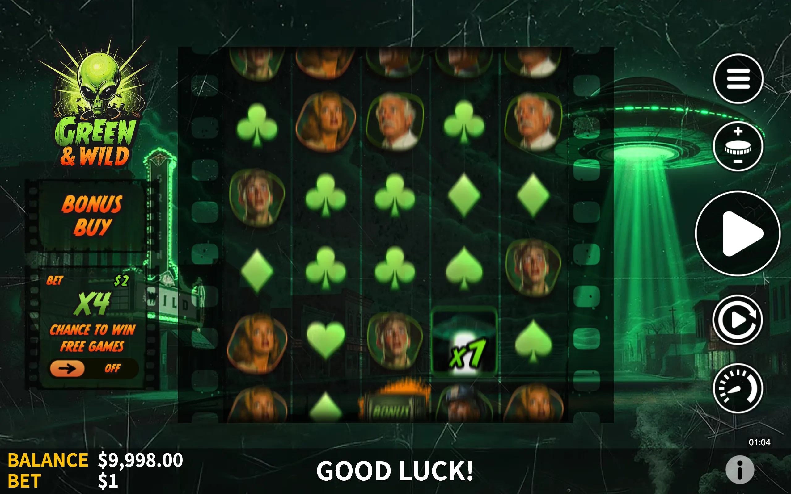 Slot game interface with alien-themed symbols including green card suits and human characters, set against a dark background with a UFO emitting a green beam.