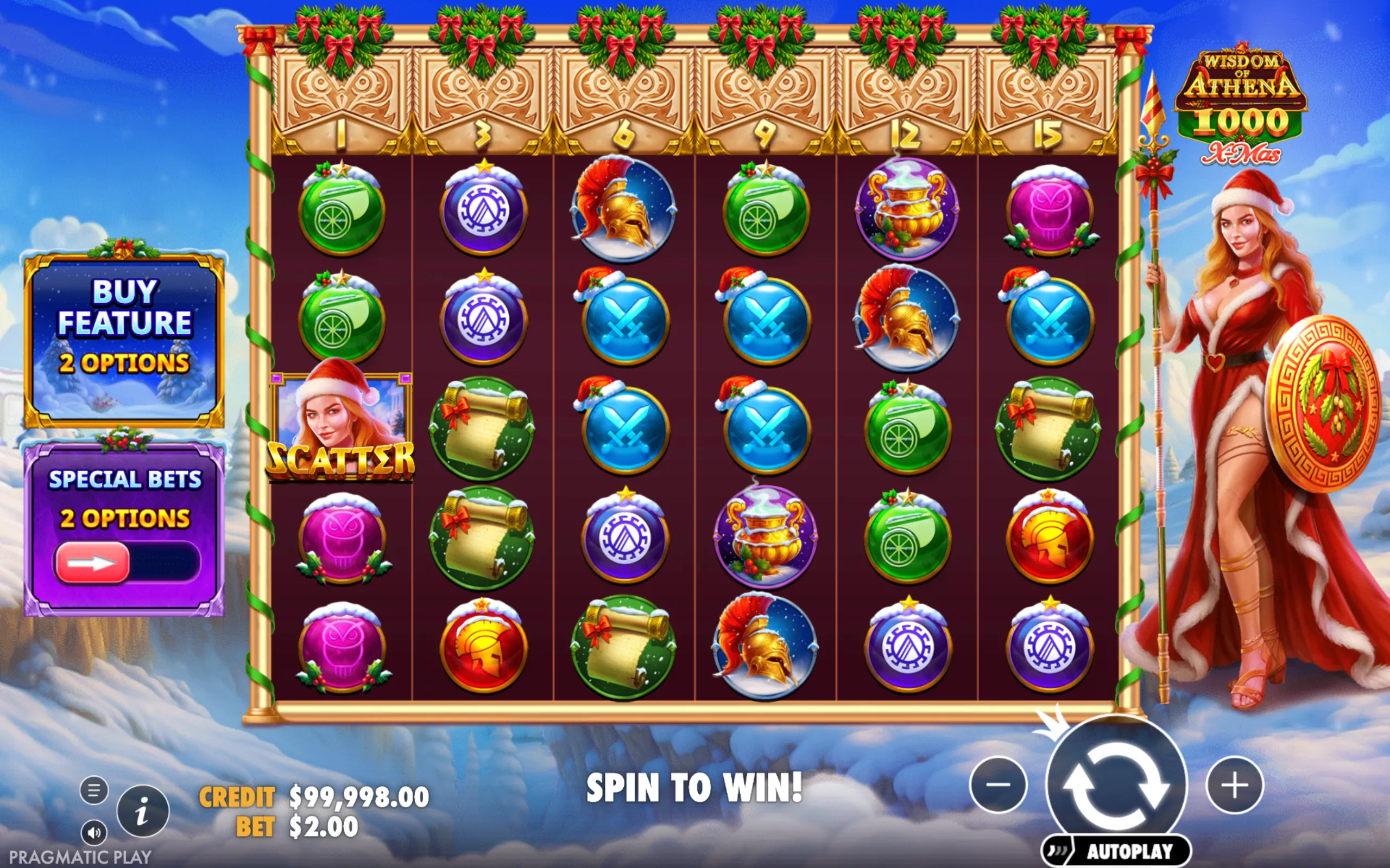 A Christmas-themed slot game interface featuring mythological symbols like helmets, swords, and scrolls, decorated with holiday wreaths and a female warrior in a Santa outfit holding a spear and shield.