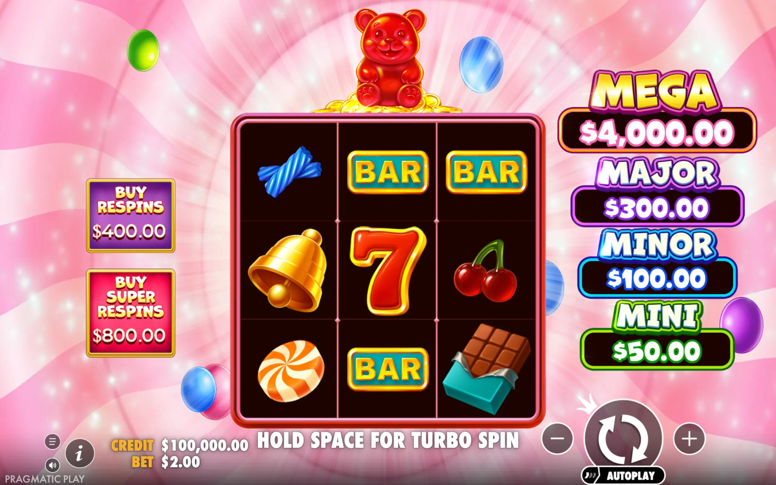 A vibrant candy-themed slot game interface featuring gummy bear symbols, classic slot icons like BAR, 7, cherries, and chocolate, with jackpot tiers and respin purchase options displayed.