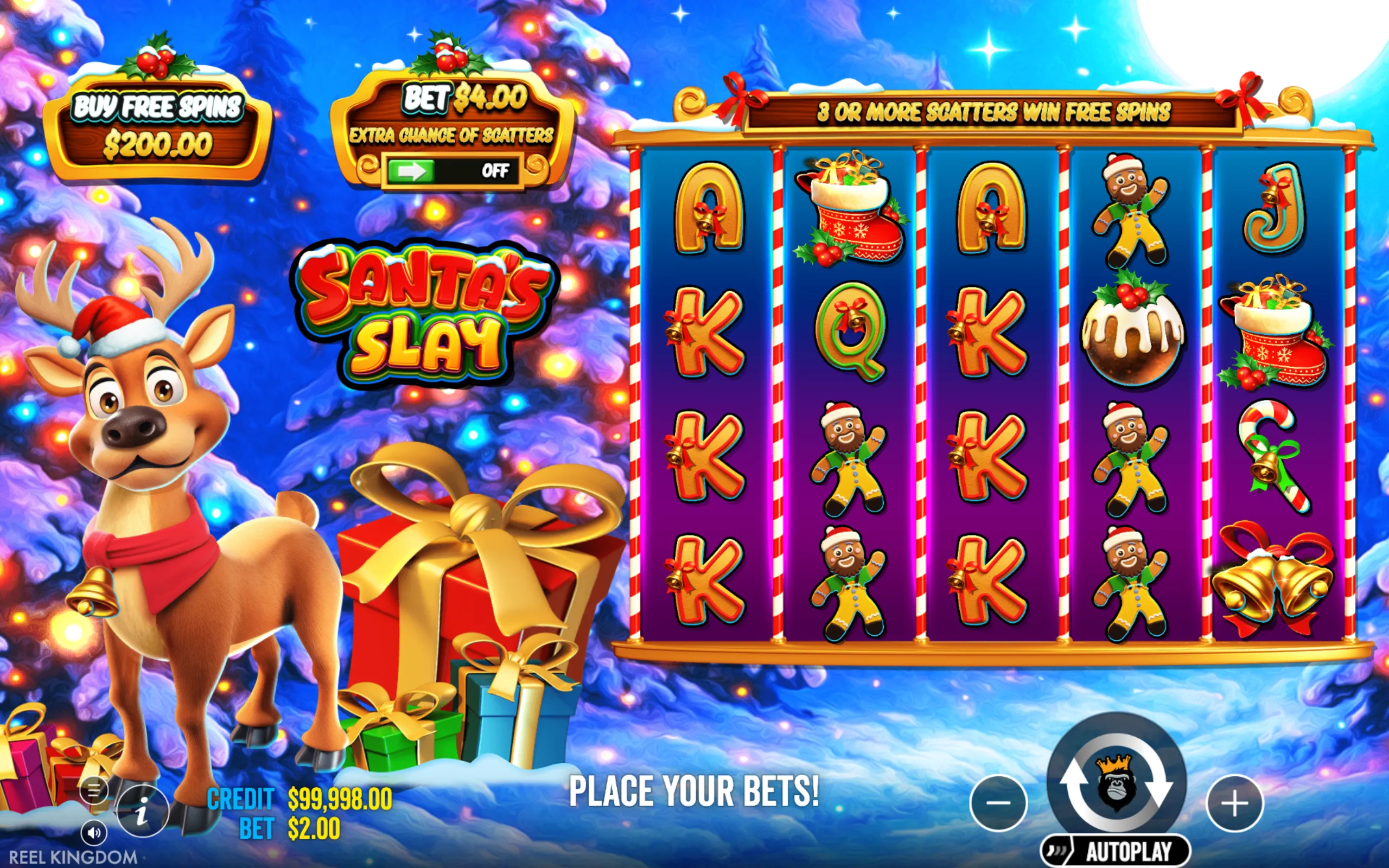 Bright and colorful Christmas-themed slot interface featuring a cheerful reindeer wearing a Santa hat, festive symbols like gingerbread men, candy canes, and Christmas stockings, with a snowy, decorated backdrop.