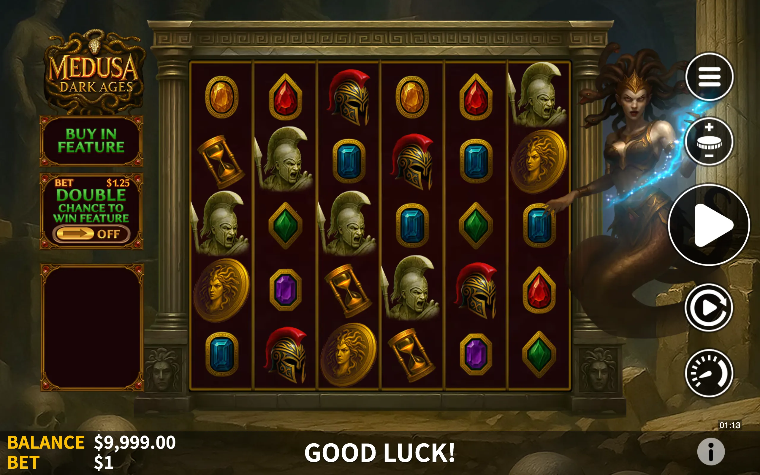 Medusa Dark Ages slot game interface featuring ancient Greek warrior symbols, gemstones, and a fierce Medusa character with snake hair casting magic.
