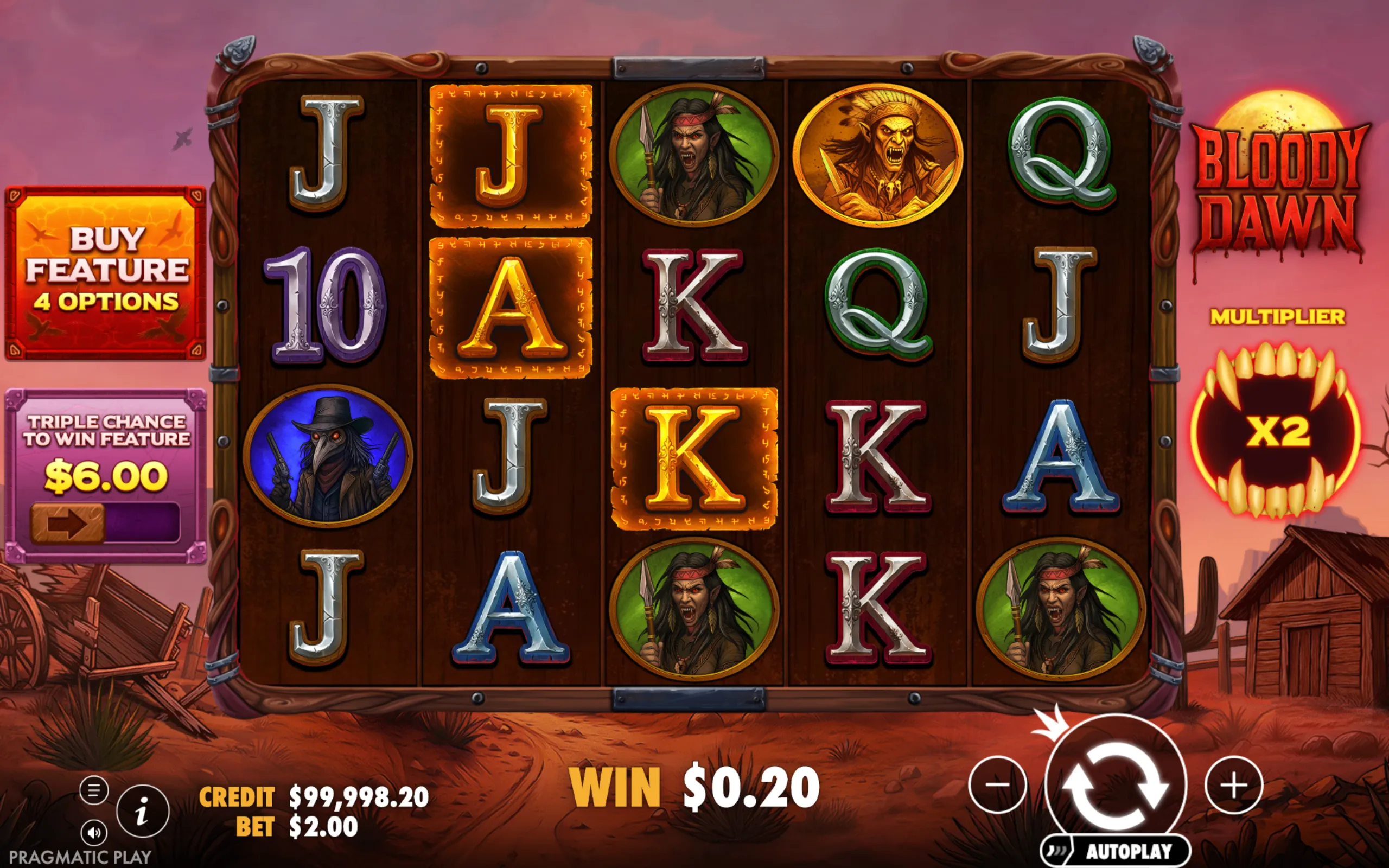 Slot game reels with wild west horror characters, glowing letter symbols, and a multiplier feature indicator against a dusky desert backdrop.
