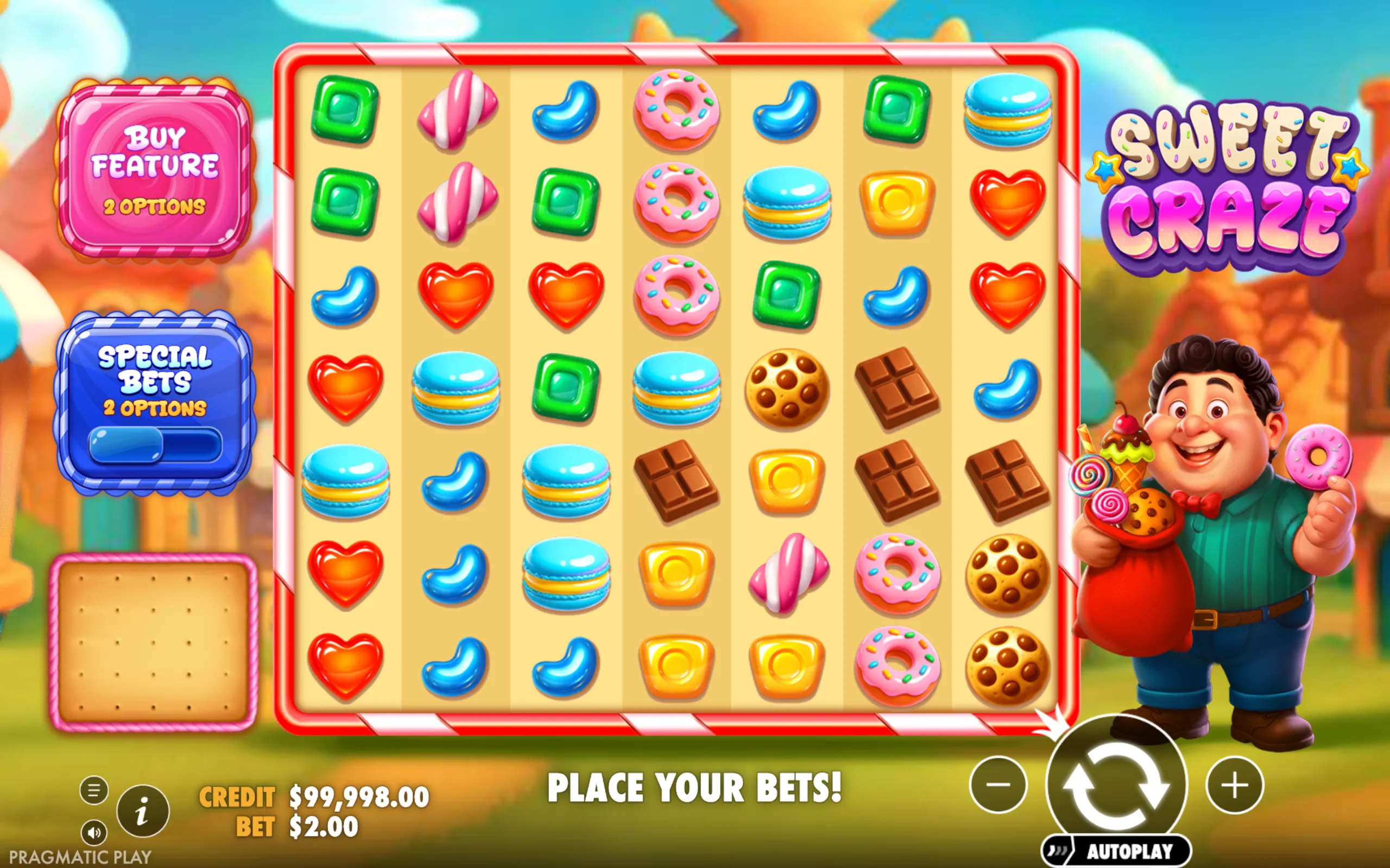 Bright and colorful candy-themed slot game interface featuring various sweet symbols like donuts, macarons, chocolates, and jelly beans, with a cheerful character holding a bowl of sweets on the side.