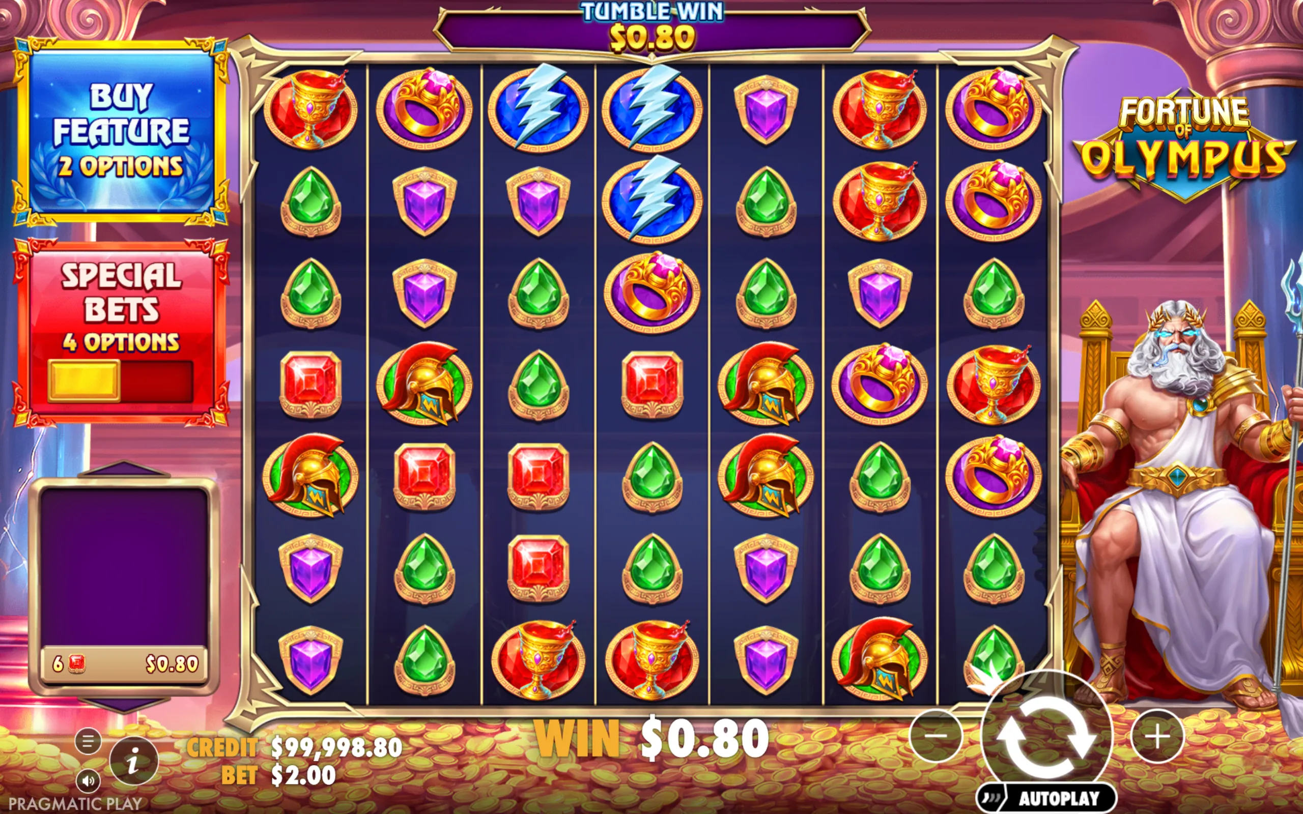 Fortune of Olympus slot game with symbols of ancient Greek mythology including Zeus, lightning bolts, rings, shields, and helmets, featuring a Tumble Win of $0.80 and options for buying features and special bets.