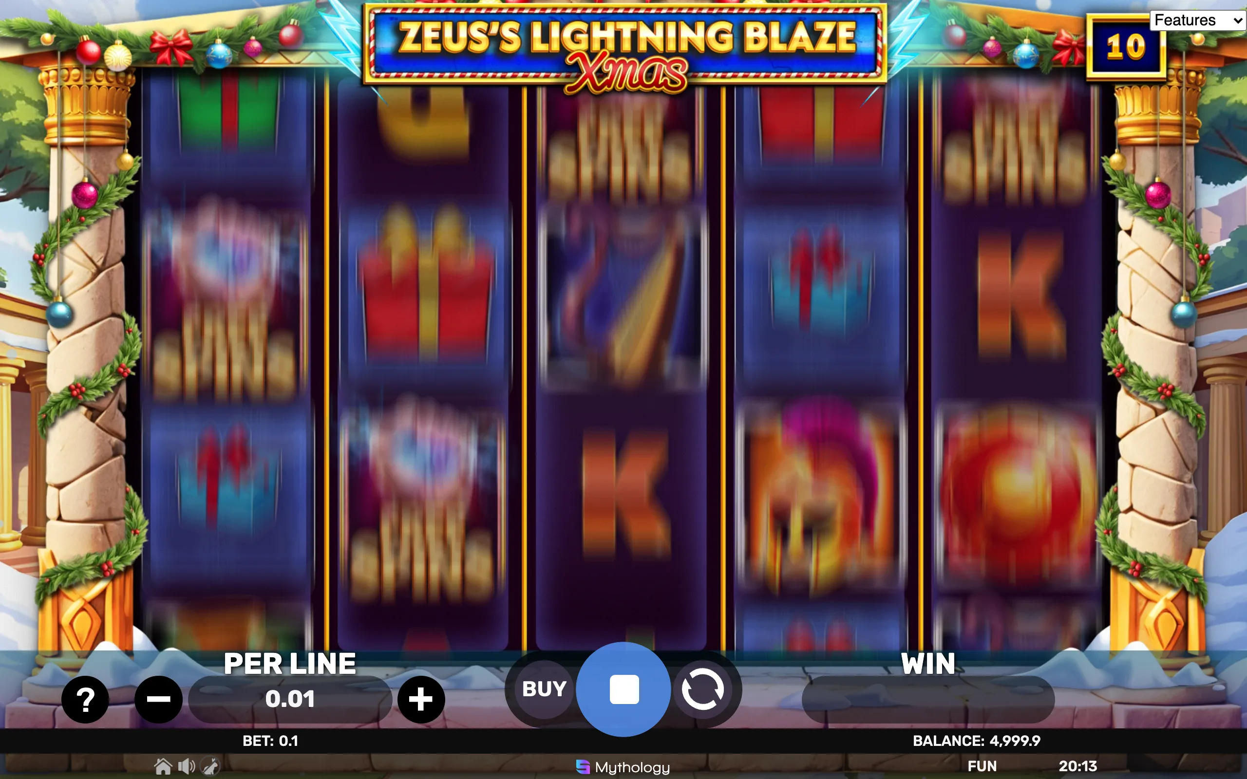 A Christmas-themed Zeus slot game interface featuring decorated columns with garlands and ornaments, spinning reels with holiday gifts and mythological symbols, and a festive title banner.