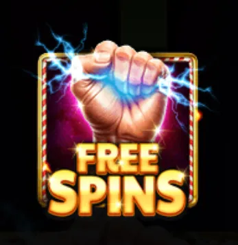 A powerful clenched fist crackling with blue lightning above bold golden text reading 'FREE SPINS' in a festive candy cane bordered frame.
