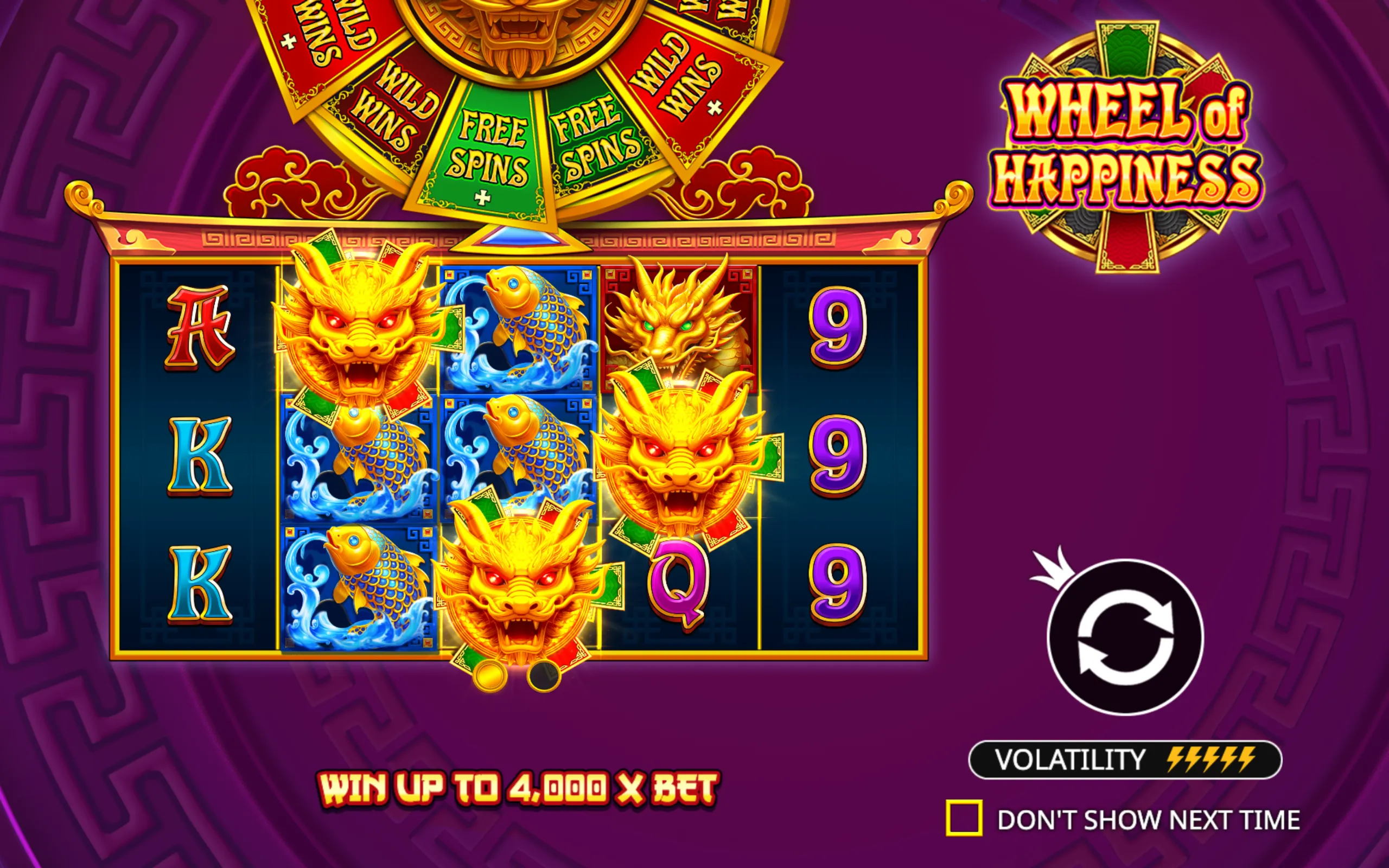 Brightly colored Asian-themed slot game interface featuring golden dragon symbols, koi fish, and a spinning wheel with 'Free Spins' and 'Wild Wins' segments.
