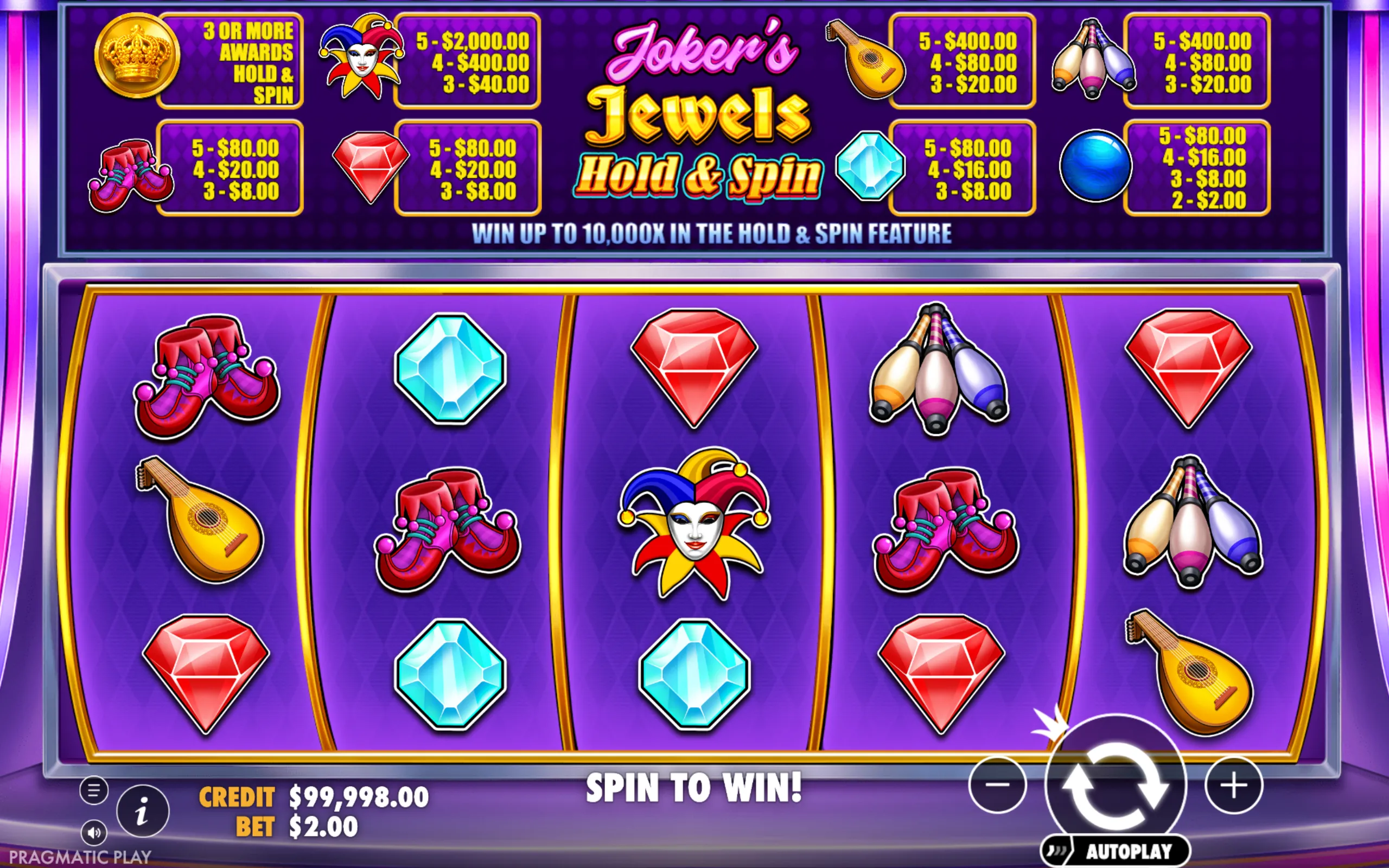 Joker's Jewels Hold & Spin slot game with vibrant jester, jewels, and classic circus-themed symbols on a purple background, highlighting payout values and the Hold & Spin feature.