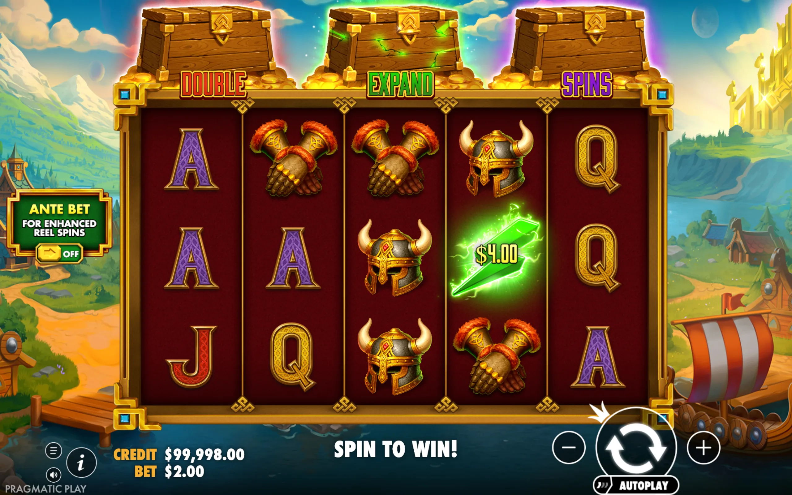Viking-themed slot game reels featuring symbols like helmets, gauntlets, and glowing green lightning bolts with a scenic mountainous and coastal village backdrop.