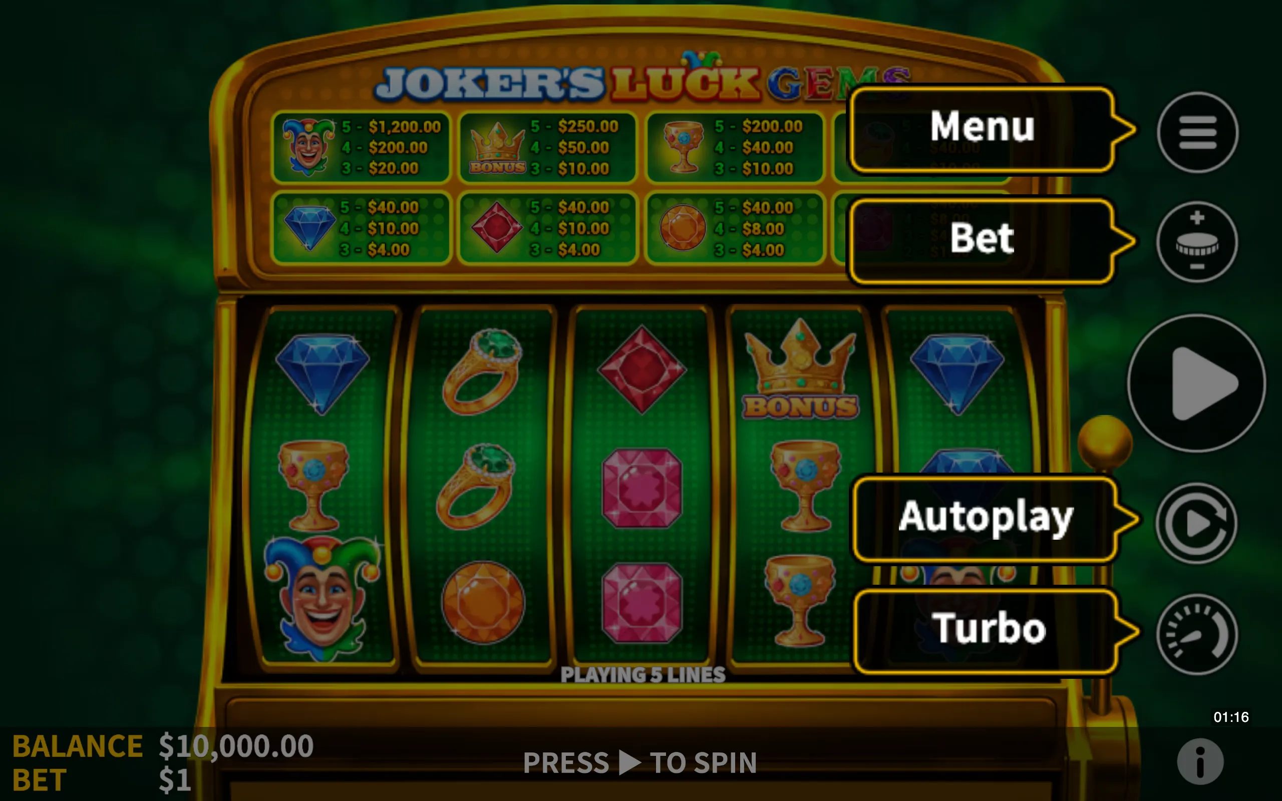 Joker's Luck Gems symbol payouts on the game board