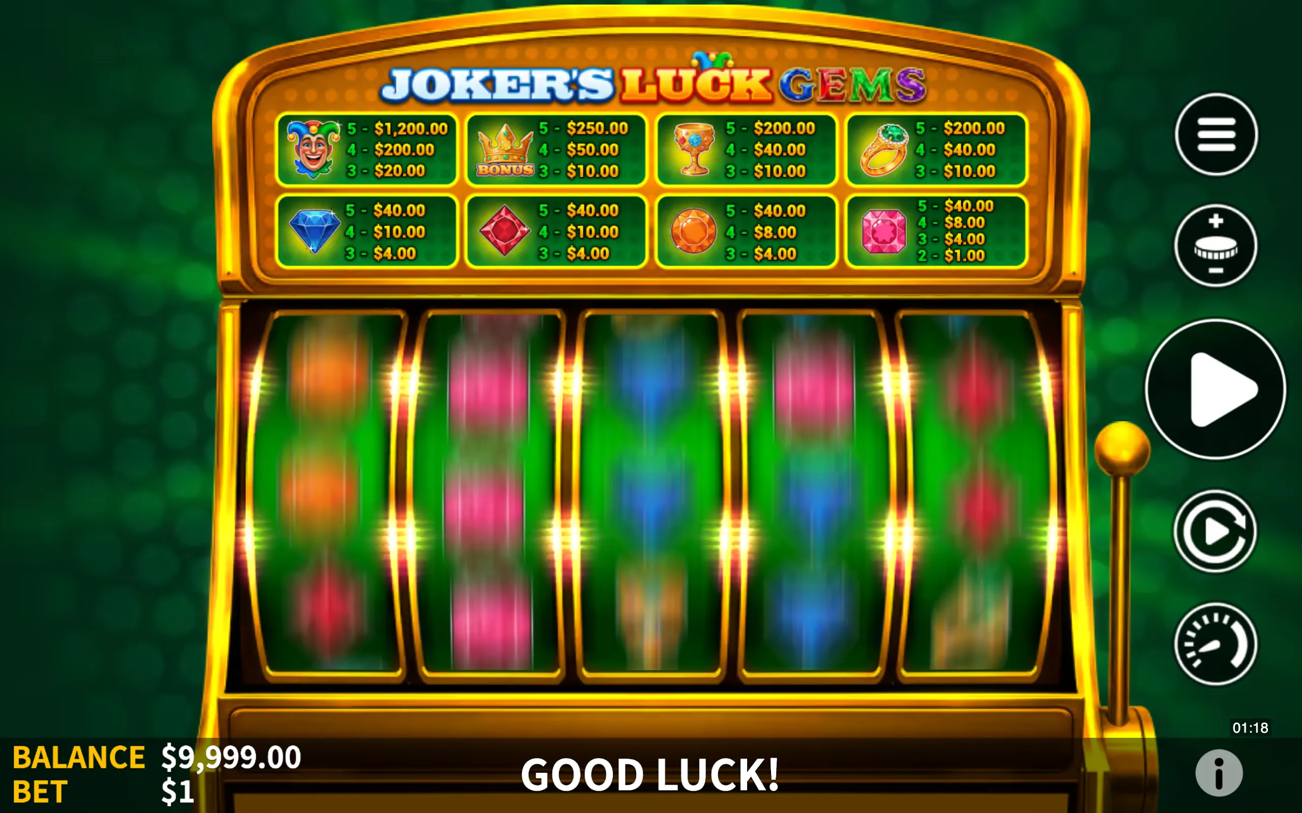Colorful slot game paytable featuring a joker, crown bonus, chalice, ring, and various gem symbols with their respective payout values.