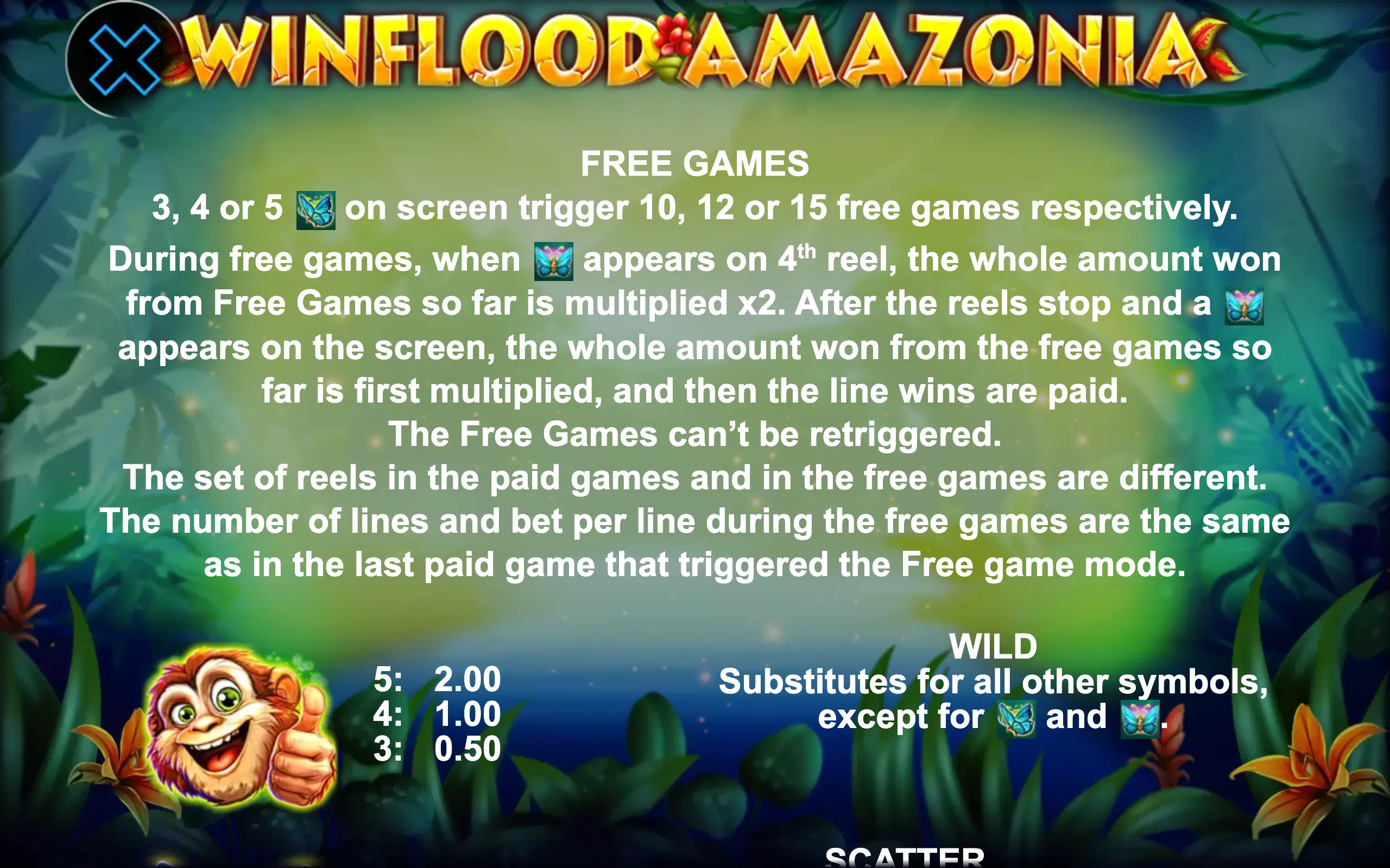 Winflood Amazonia slot game preview showcasing jungle-themed free games with butterfly multipliers and a cheerful monkey character.