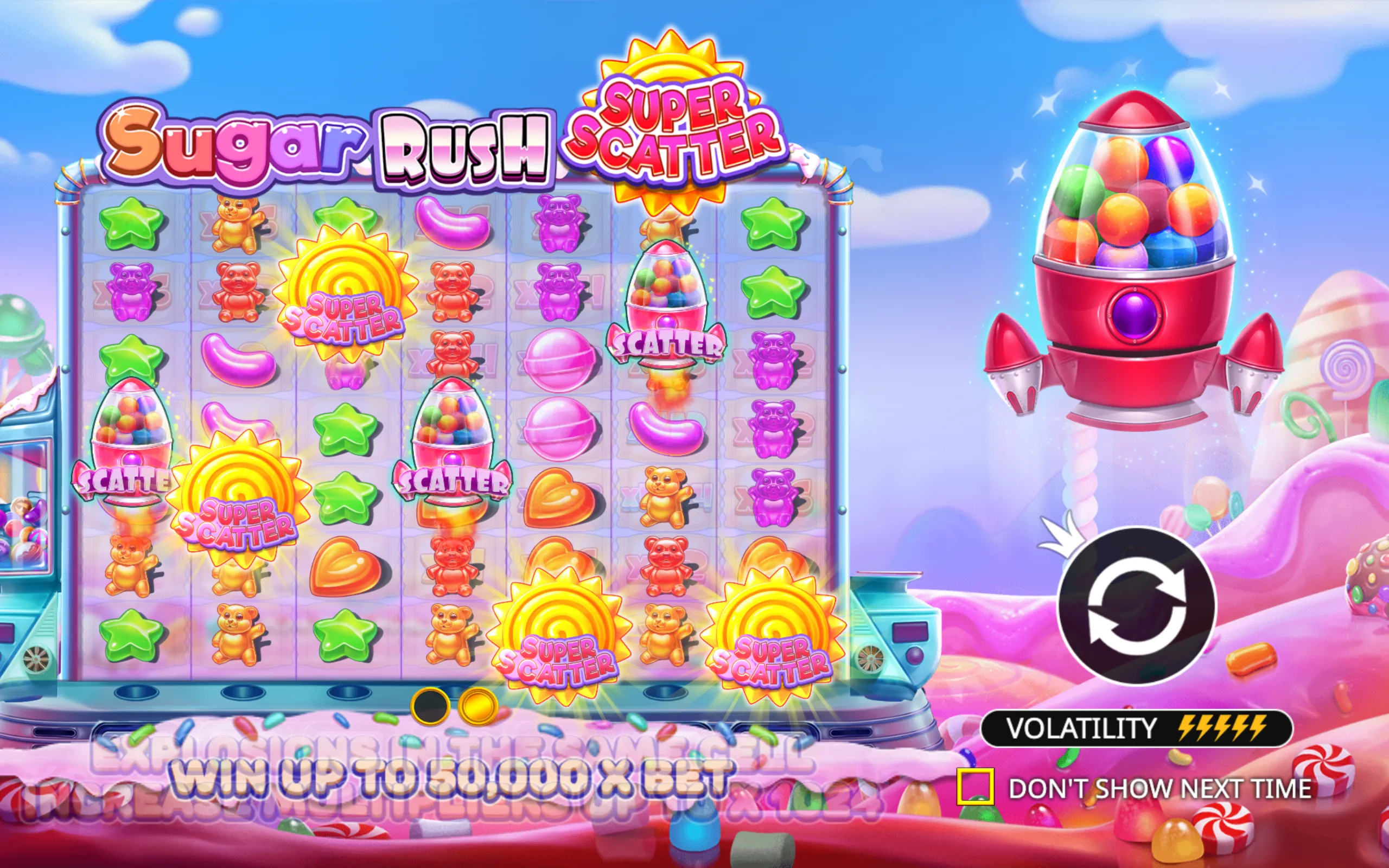 Bright and colorful candy-themed slot game interface featuring gummy bears, jelly beans, star-shaped candies, and rocket-shaped scatter symbols in a whimsical candy land setting.