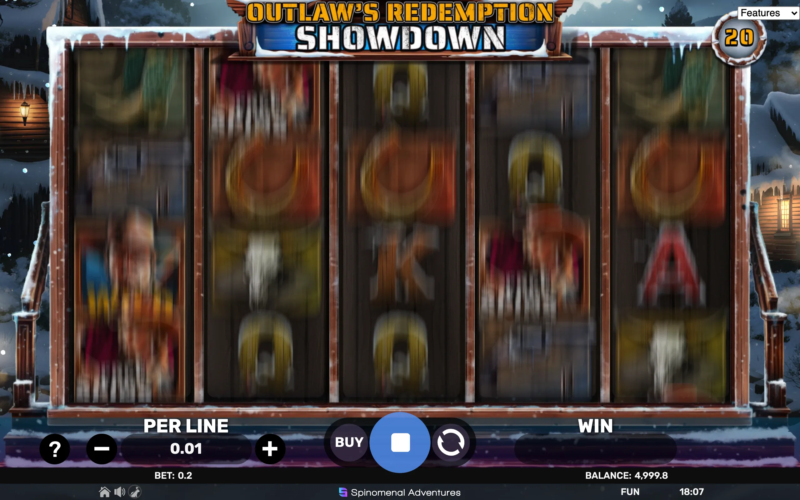 Outlaw's Redemption Showdown slot game with spinning reels featuring Western-themed symbols and a snowy cabin backdrop