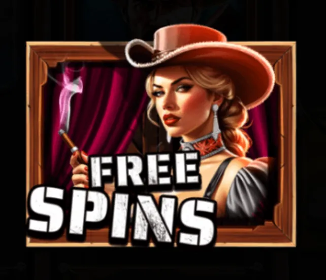 A confident woman in a cowboy hat holding a smoking cigar with bold 'Free Spins' text, set against a red curtain backdrop.