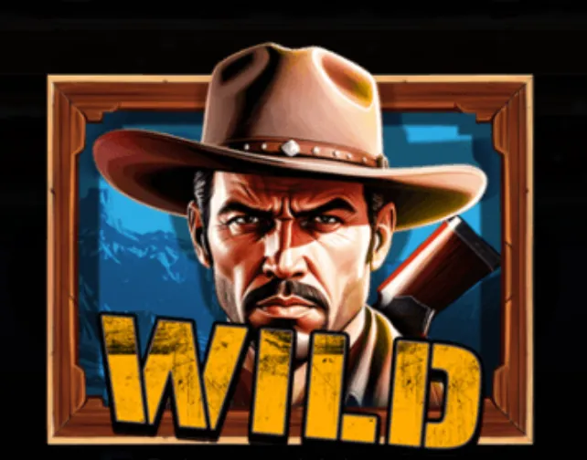 A rugged cowboy with a serious expression and a rifle on his back framed in wood, with bold yellow 'WILD' text indicating a key slot symbol.