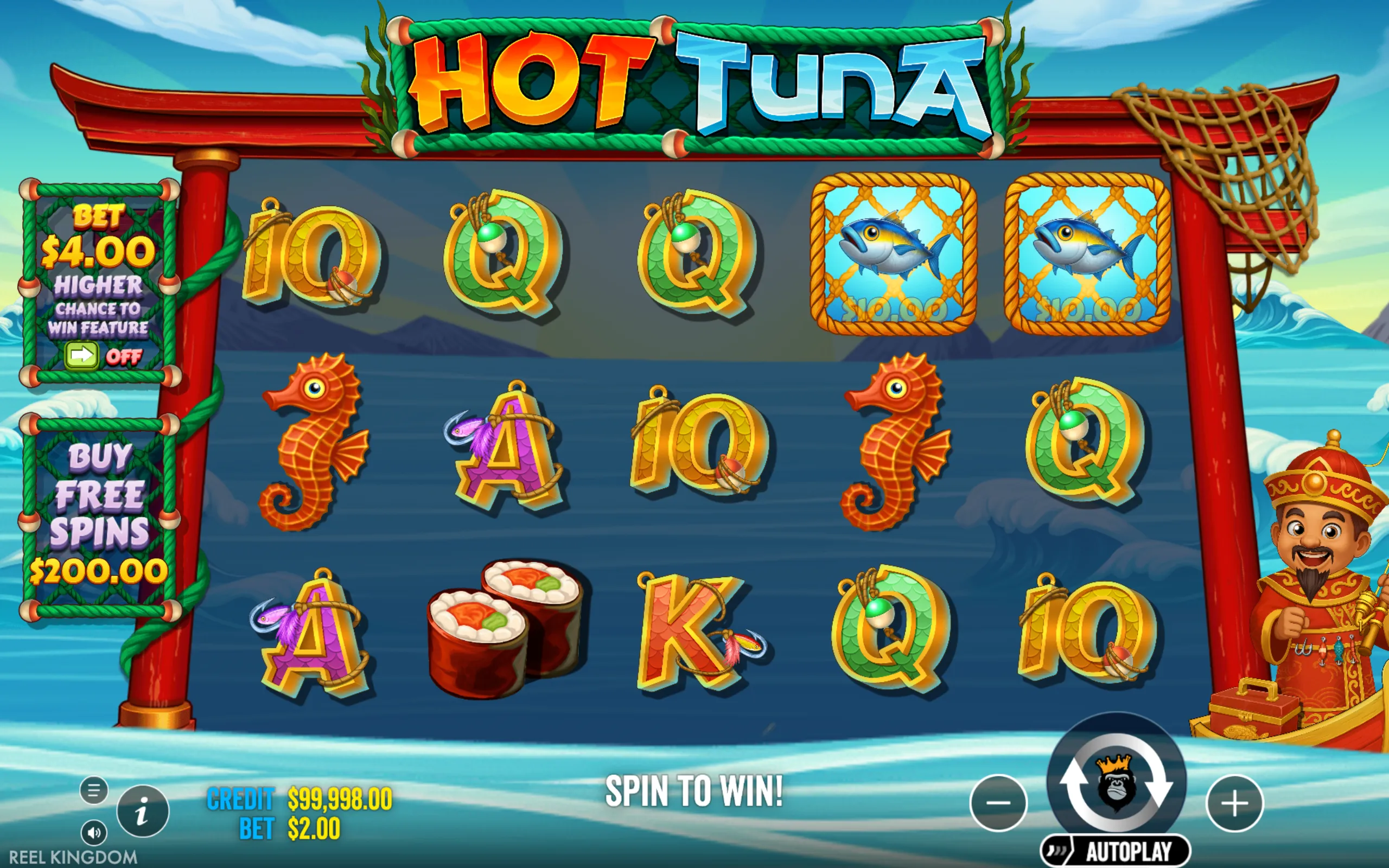 Colorful slot game interface featuring fishing and ocean-themed symbols like seahorses, sushi, and tuna fish, with a cheerful fisherman character and a backdrop of ocean waves.
