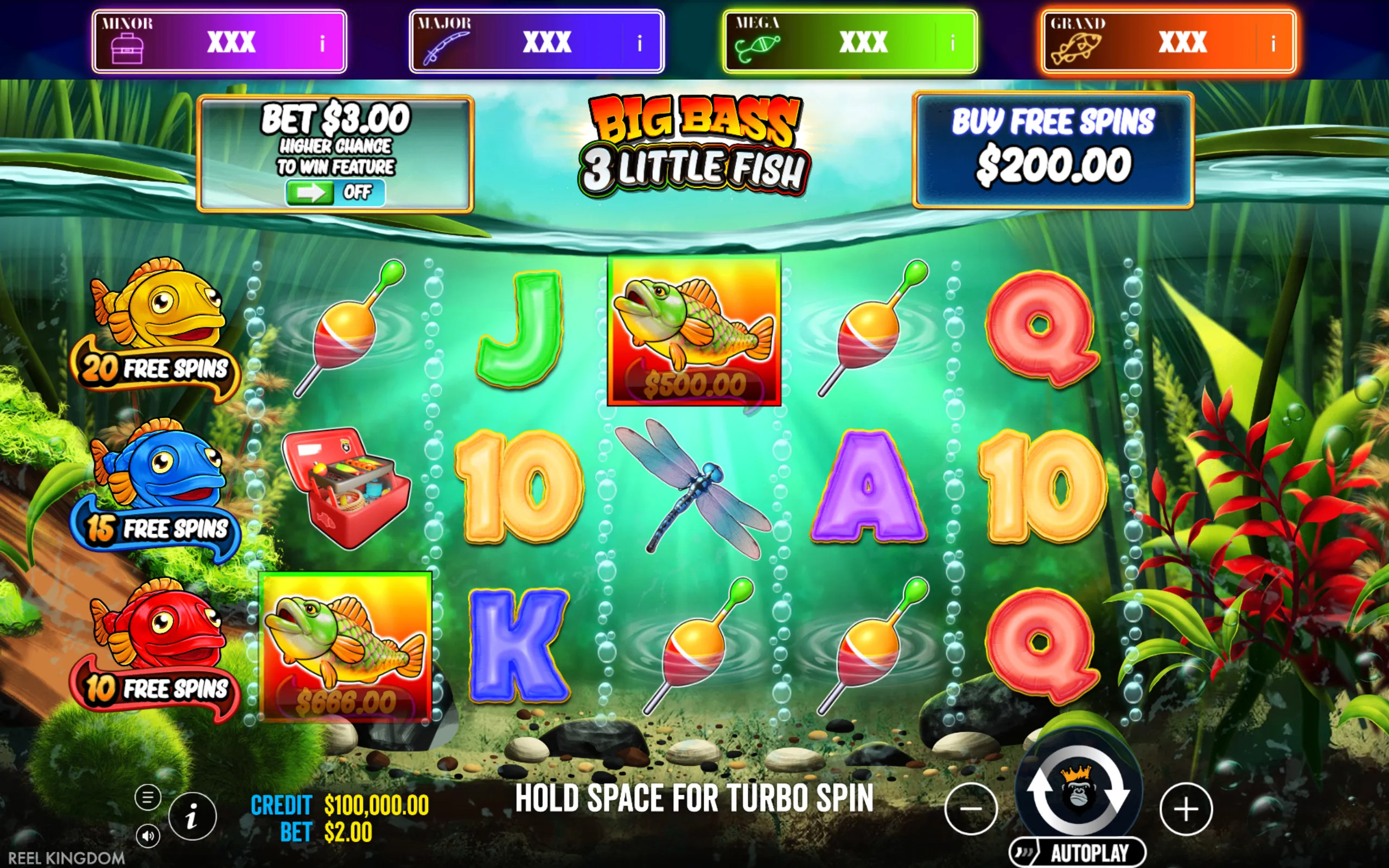 Underwater fishing-themed slot game interface featuring colorful fish symbols, fishing floats, and jackpot tiers labeled Minor, Major, Mega, and Grand.