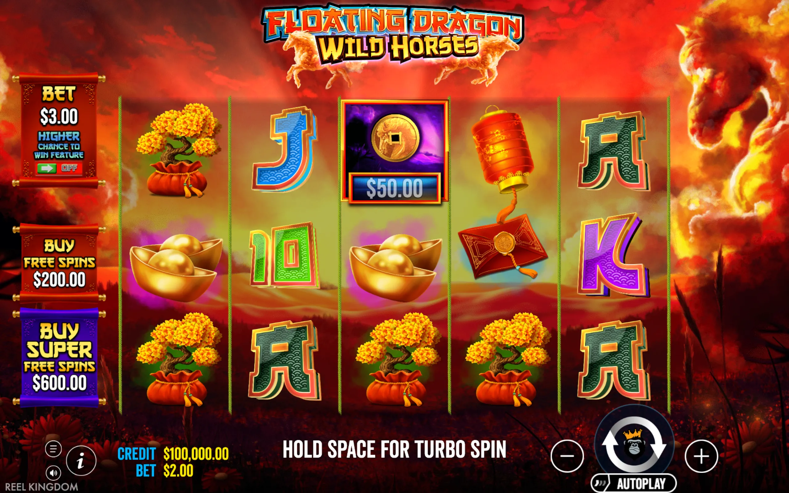 Floating Dragon Wild Horses slot game interface with vibrant red and orange hues, featuring symbols like golden coins, lanterns, bonsai trees, and stylized playing card letters against a fiery sky backdrop.