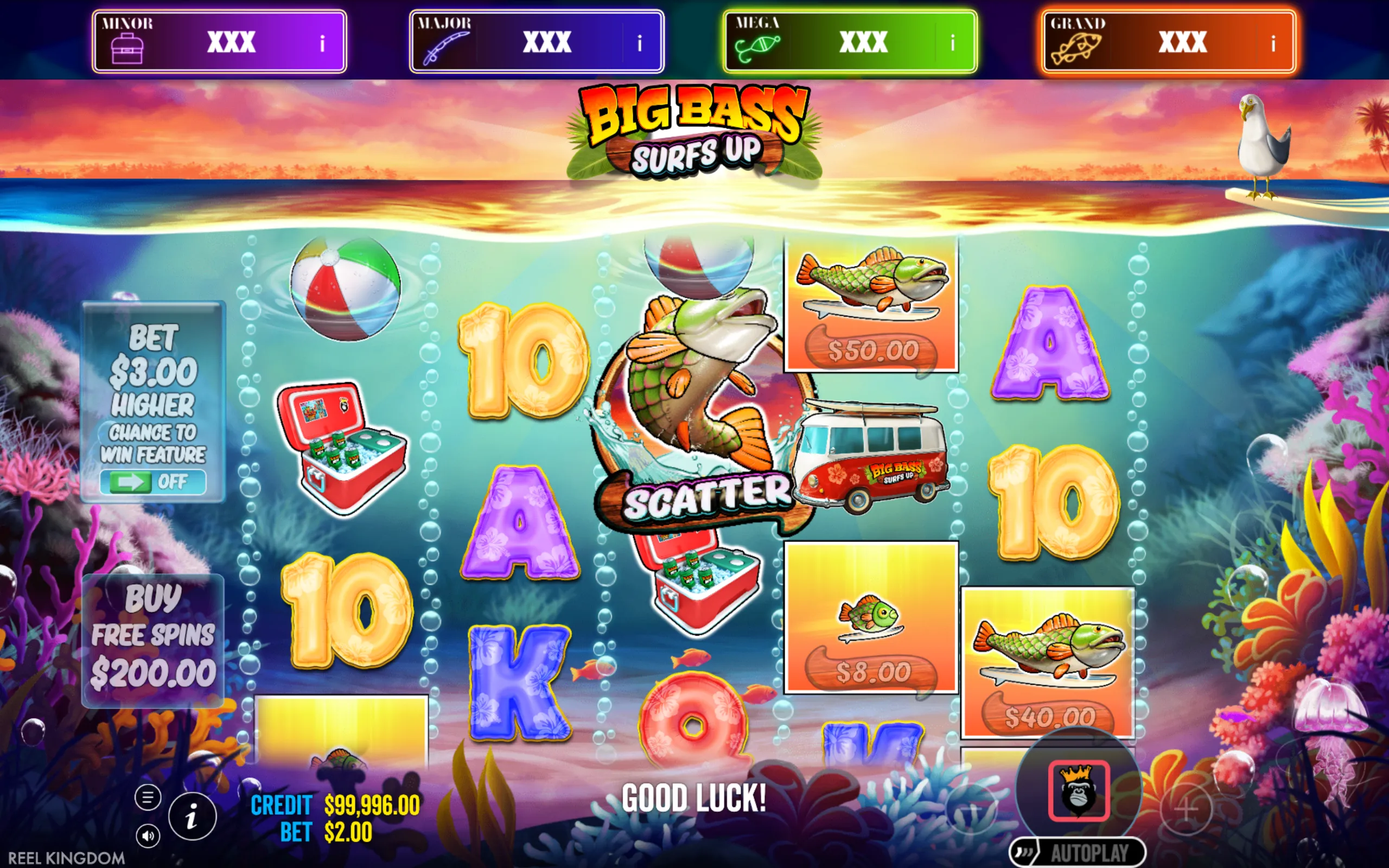 Underwater themed slot game with colorful fishing and surfing symbols including fish, beach balls, coolers, and a van, set against a vibrant ocean backdrop at sunset.