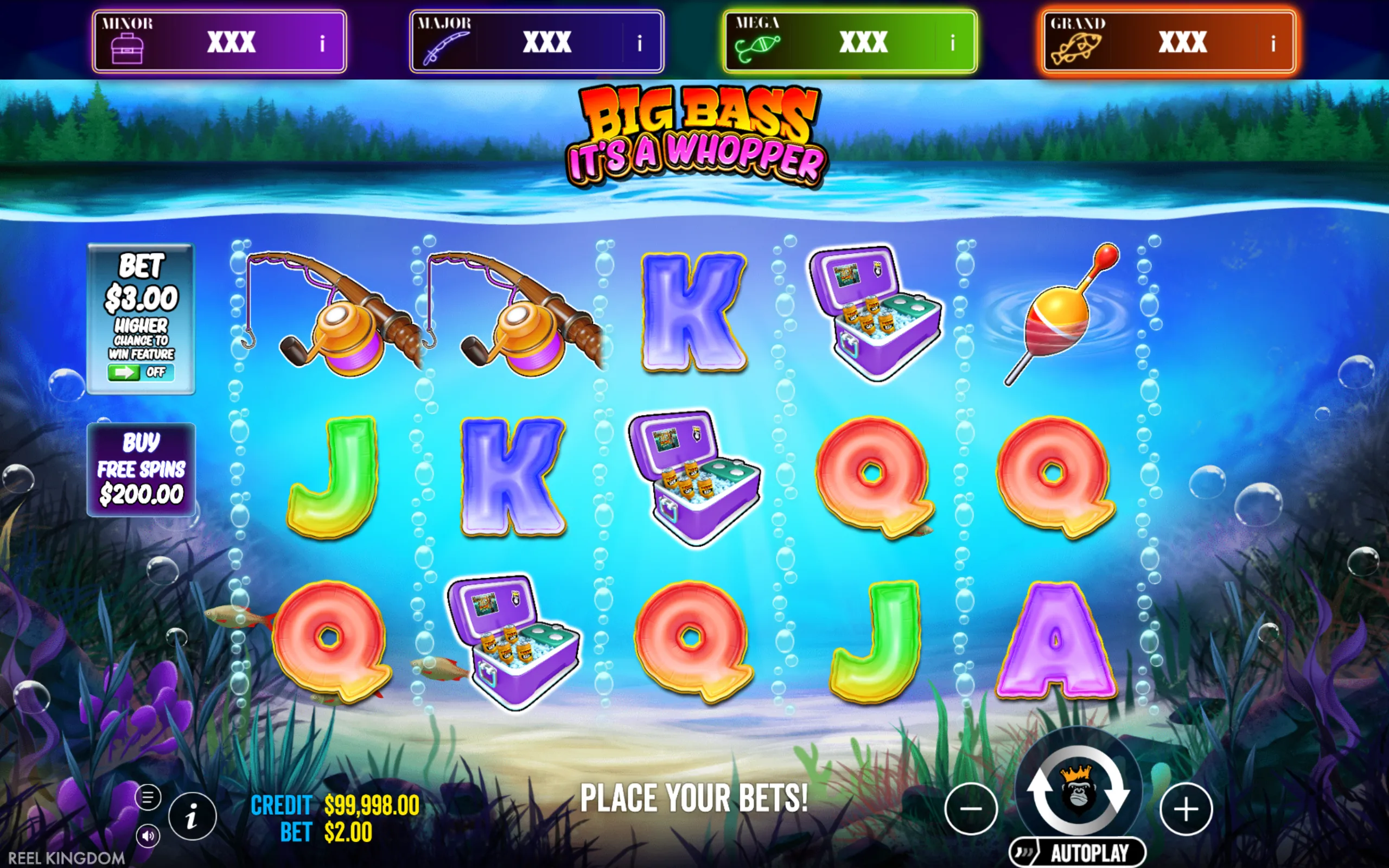 Underwater fishing-themed slot game interface featuring colorful reels with fishing rods, coolers, bobbers, and vibrant letter symbols against a lake backdrop.