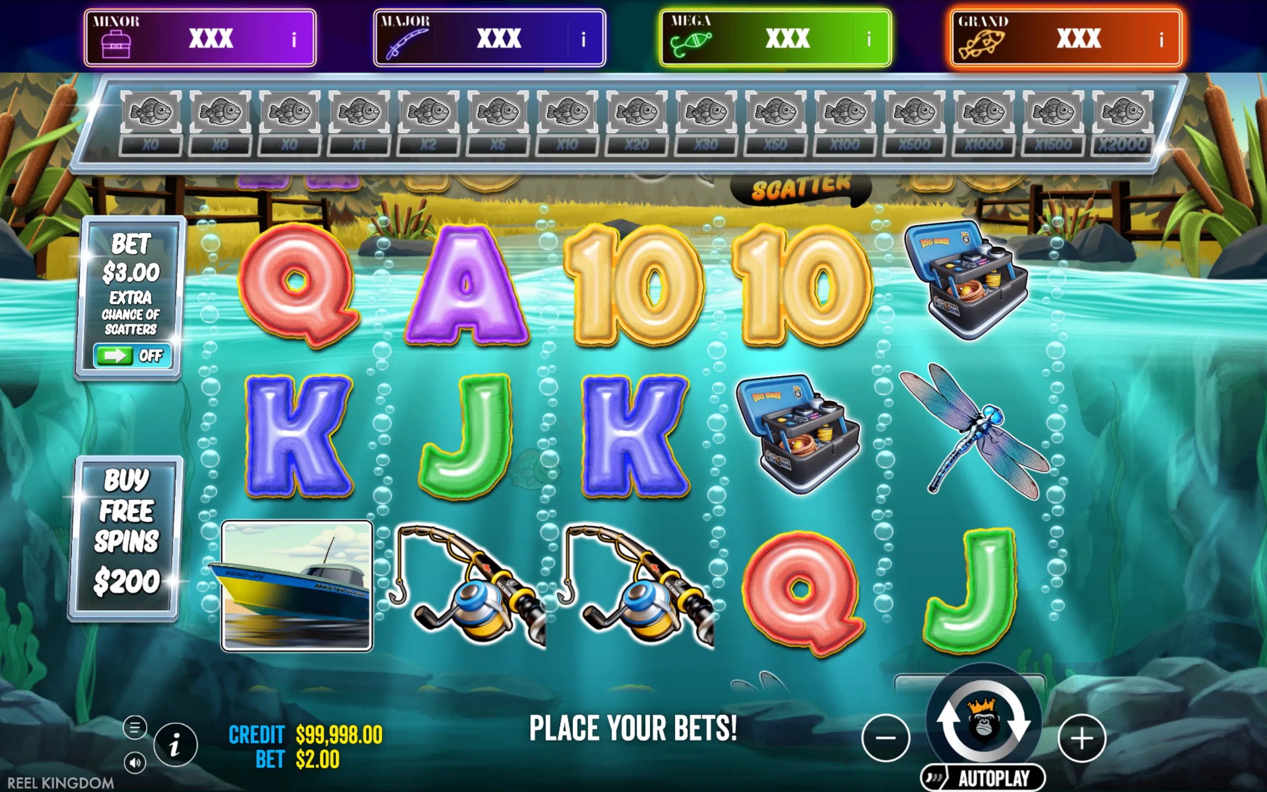 Underwater themed slot game interface featuring fishing gear, colorful playing card symbols, and jackpot tiers labeled Minor, Major, Mega, and Grand.
