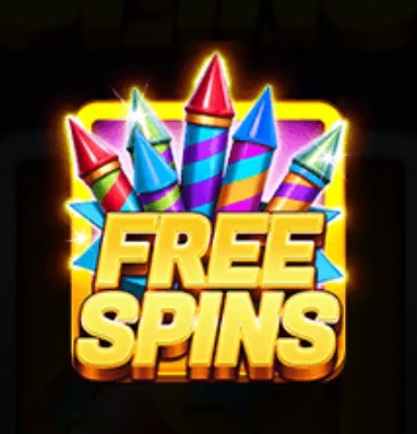 Brightly colored fireworks rockets behind bold golden text announcing free spins, symbolizing a festive New Year's Eve celebration.