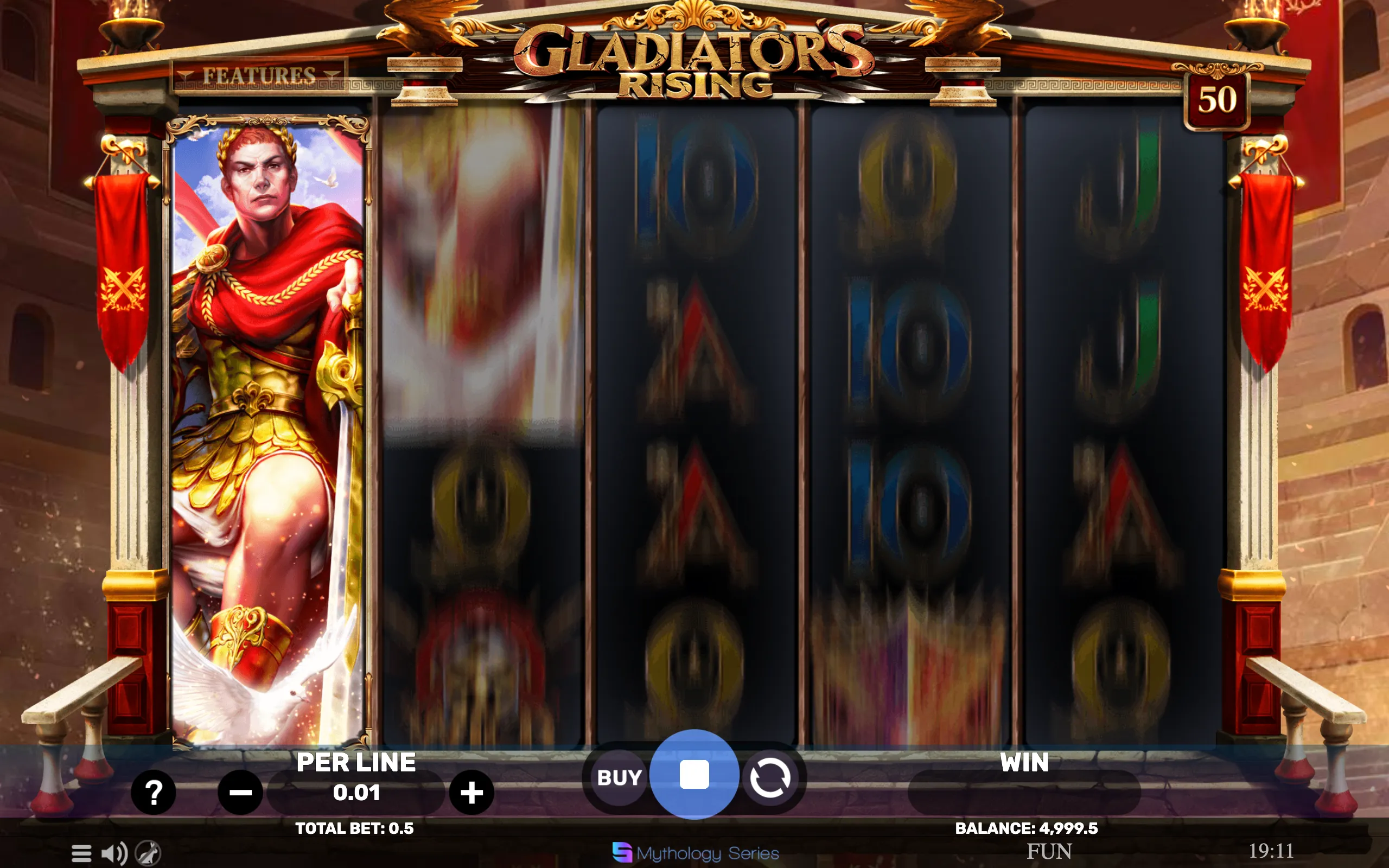 A Roman gladiator in golden armor and red cape stands ready with a sword beside the slot reels, set in a coliseum-themed arena with classical columns and red banners.