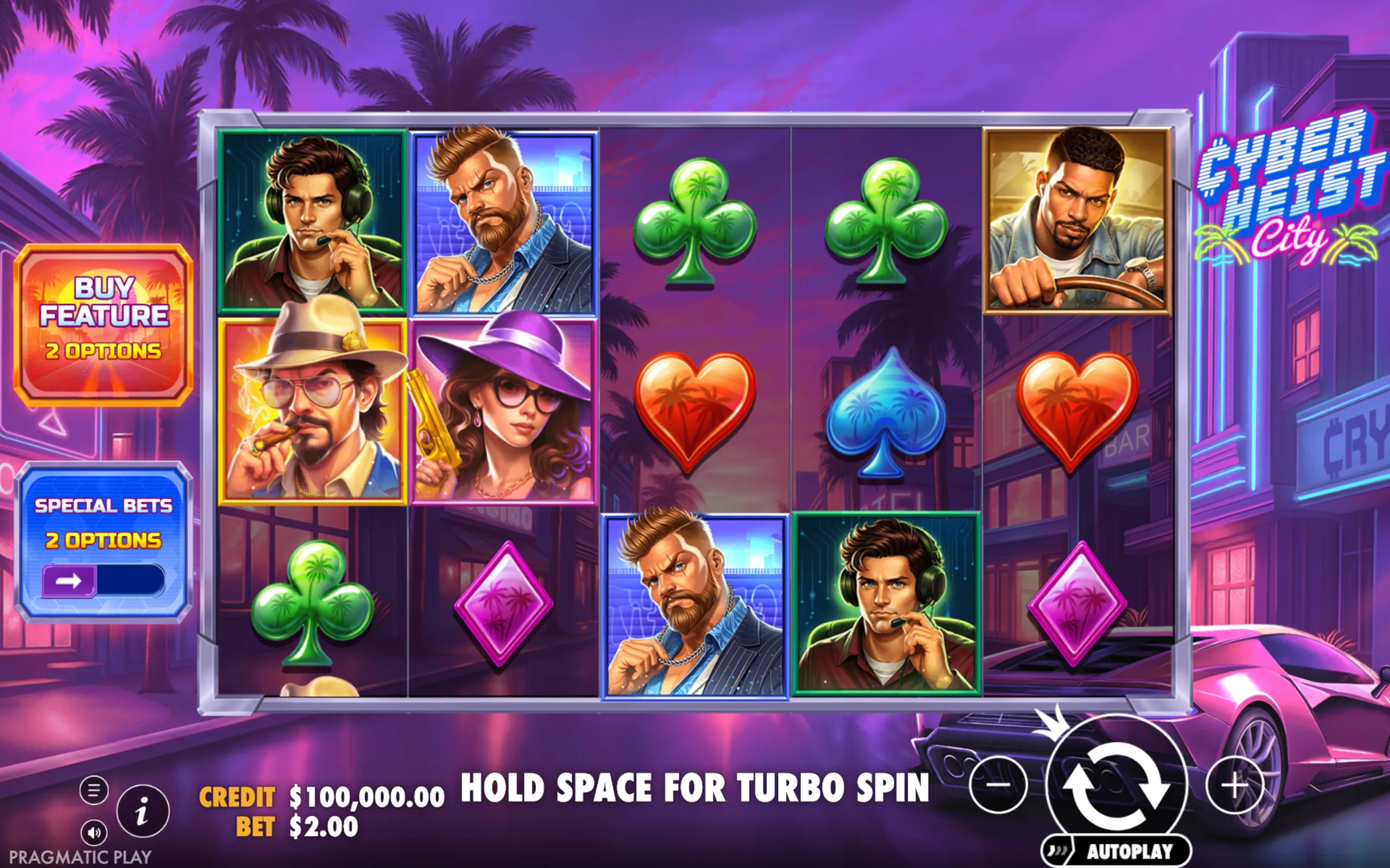 Cyber Heist City slot game with character symbols of heist crew members and classic card suits on a neon city street backdrop at dusk