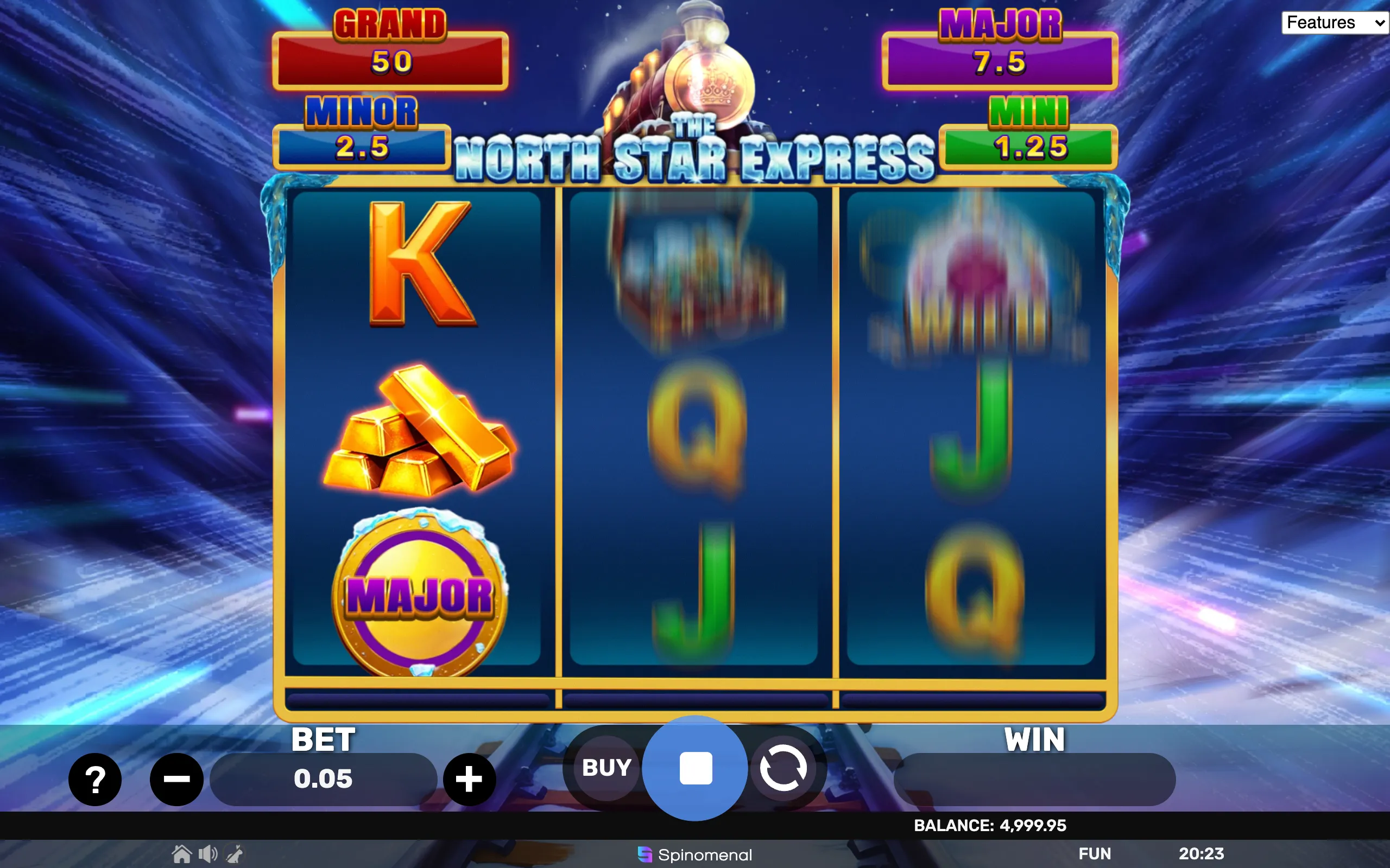 The North Star Express Hold & Hit 3x3 slot features a 3x3 grid with symbols like gold bars, major jackpot coins, and classic card icons, set against a dynamic blue background with jackpot tiers displayed above.