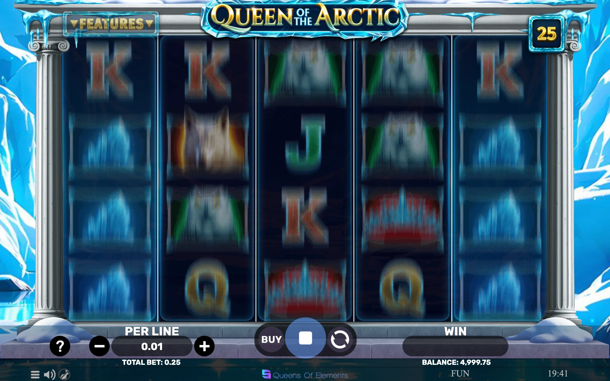 Slot game Queen of the Arctic features icy blue and white colors with symbols including Arctic animals and icy crowns on a frozen backdrop.