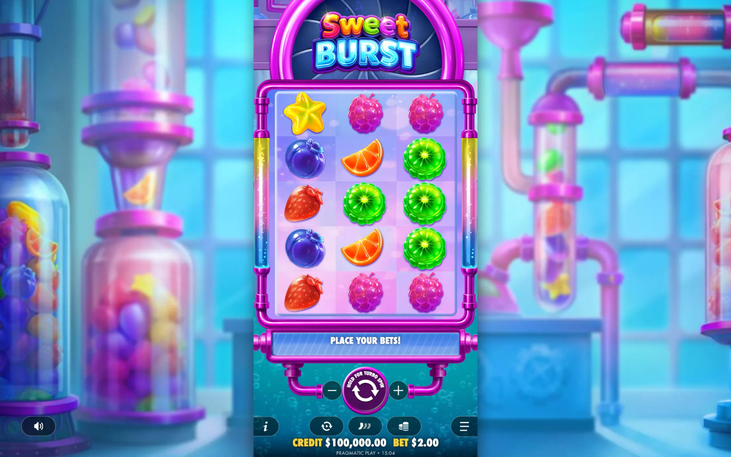 Sweet Burst slot game with vibrant fruit symbols like starfruit, raspberries, blueberries, orange slices, strawberries, and kiwi on a colorful grid with a candy factory backdrop