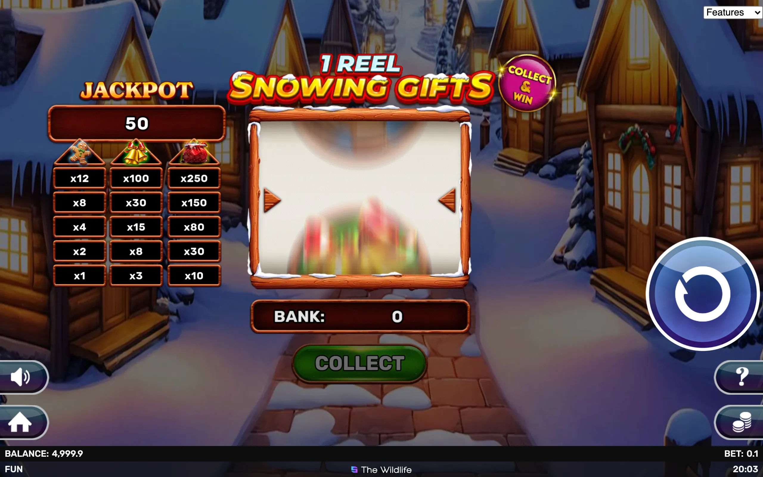 A snowy village street at night with warmly lit wooden houses, featuring a single spinning reel slot game titled '1 Reel Snowing Gifts' with Christmas-themed symbols and a jackpot payout table.