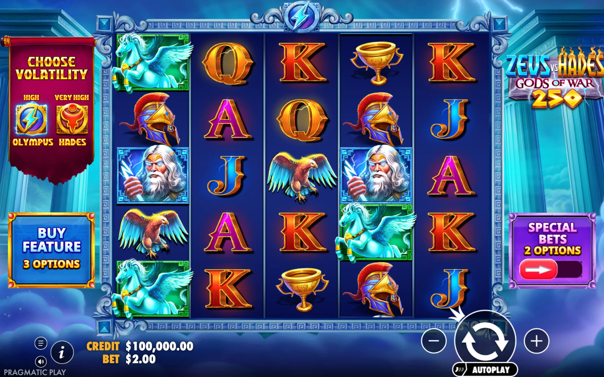 Zeus vs Hades - Gods of War 250 slot game board