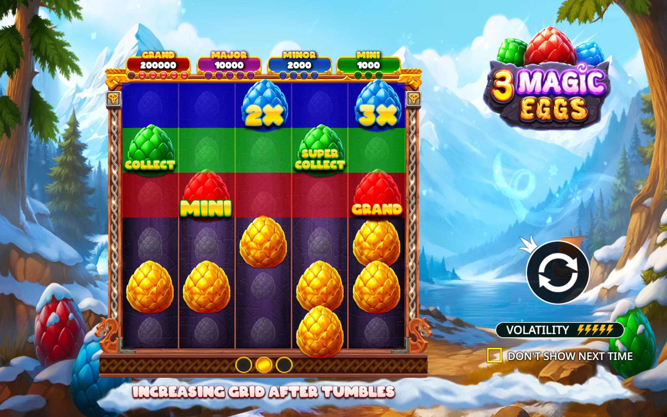 A vibrant slot game interface featuring colorful dragon eggs with multipliers and jackpot tiers set against a snowy mountain forest backdrop.