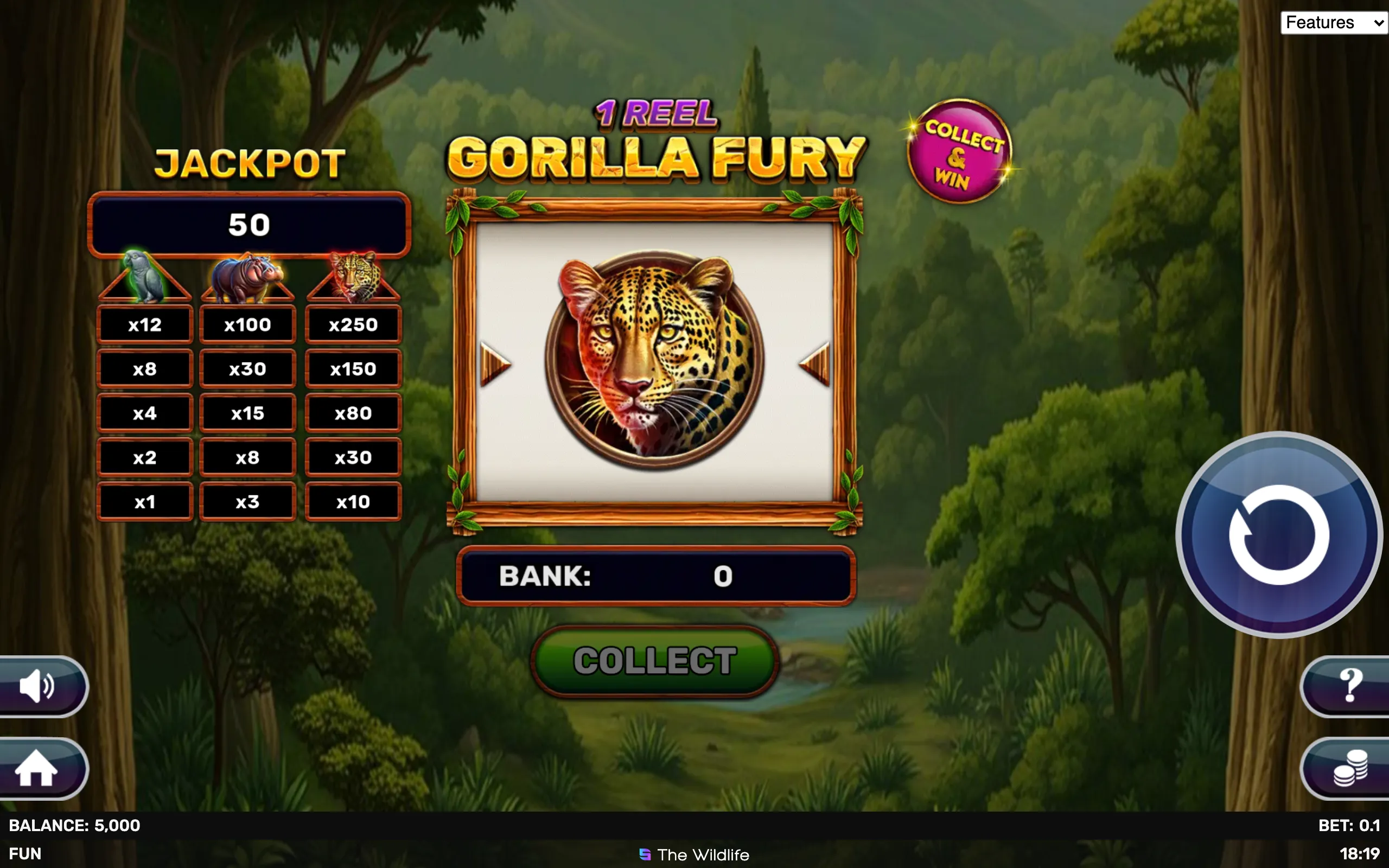 Jungle-themed slot game interface featuring a single reel with a leopard symbol, jackpot multipliers for various animals, and a collect and win feature button.