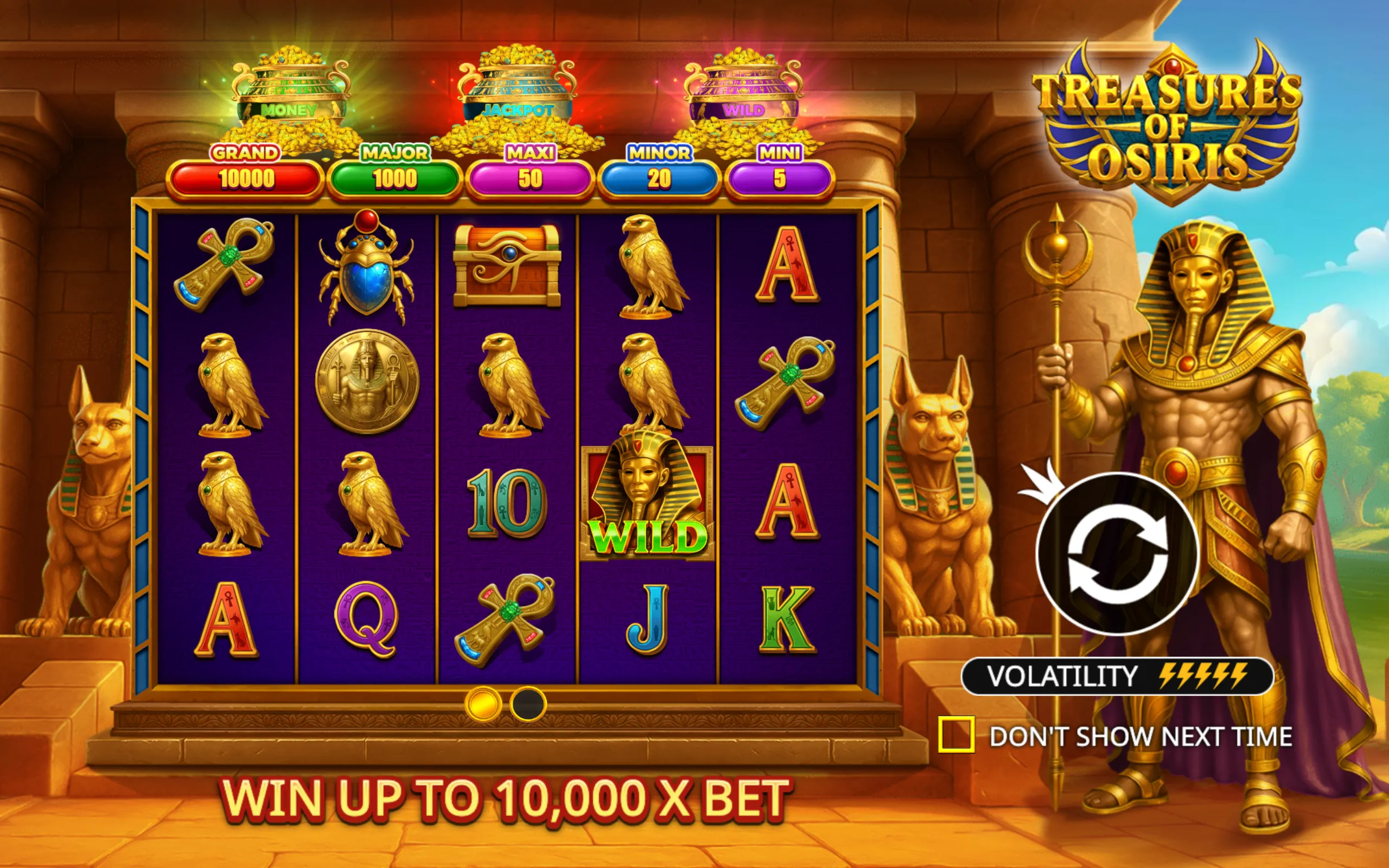 Ancient Egyptian-themed slot game interface featuring golden symbols, jackpot tiers, and a pharaoh character holding a staff.