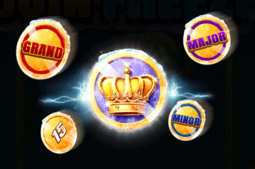 Golden coins with labels 'Grand', 'Major', 'Minor', and a crown symbol representing jackpot tiers in a dark electric-themed setting.