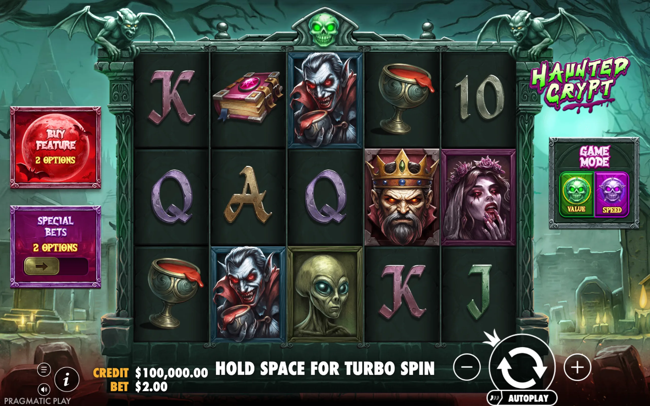 A dark gothic slot game interface featuring vampire, zombie, alien, and king symbols with eerie green and purple hues in a haunted crypt setting.