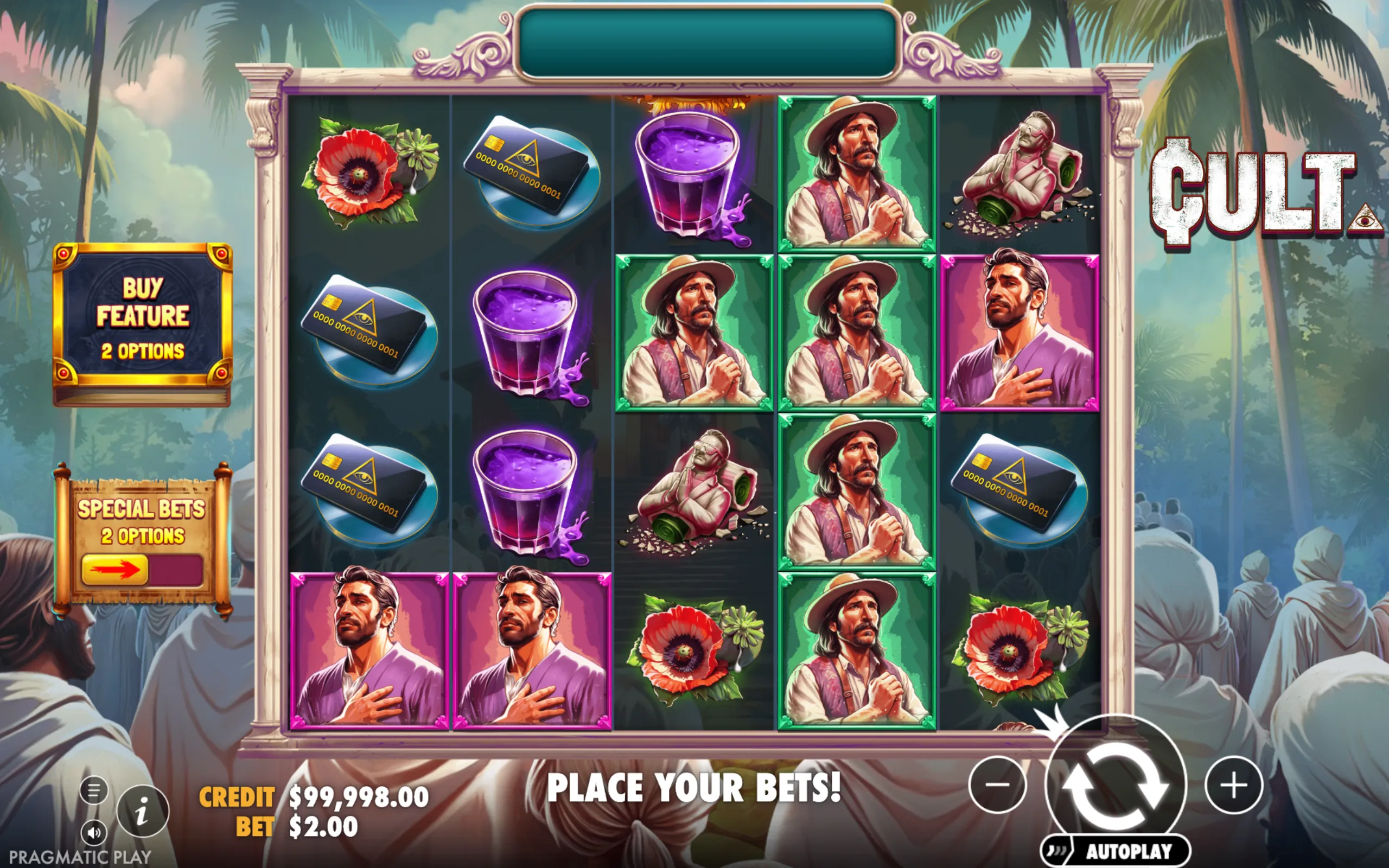 Slot game 'Cult' featuring symbols of cult members, ritualistic drinks, mysterious cards, and flowers with a tropical backdrop.