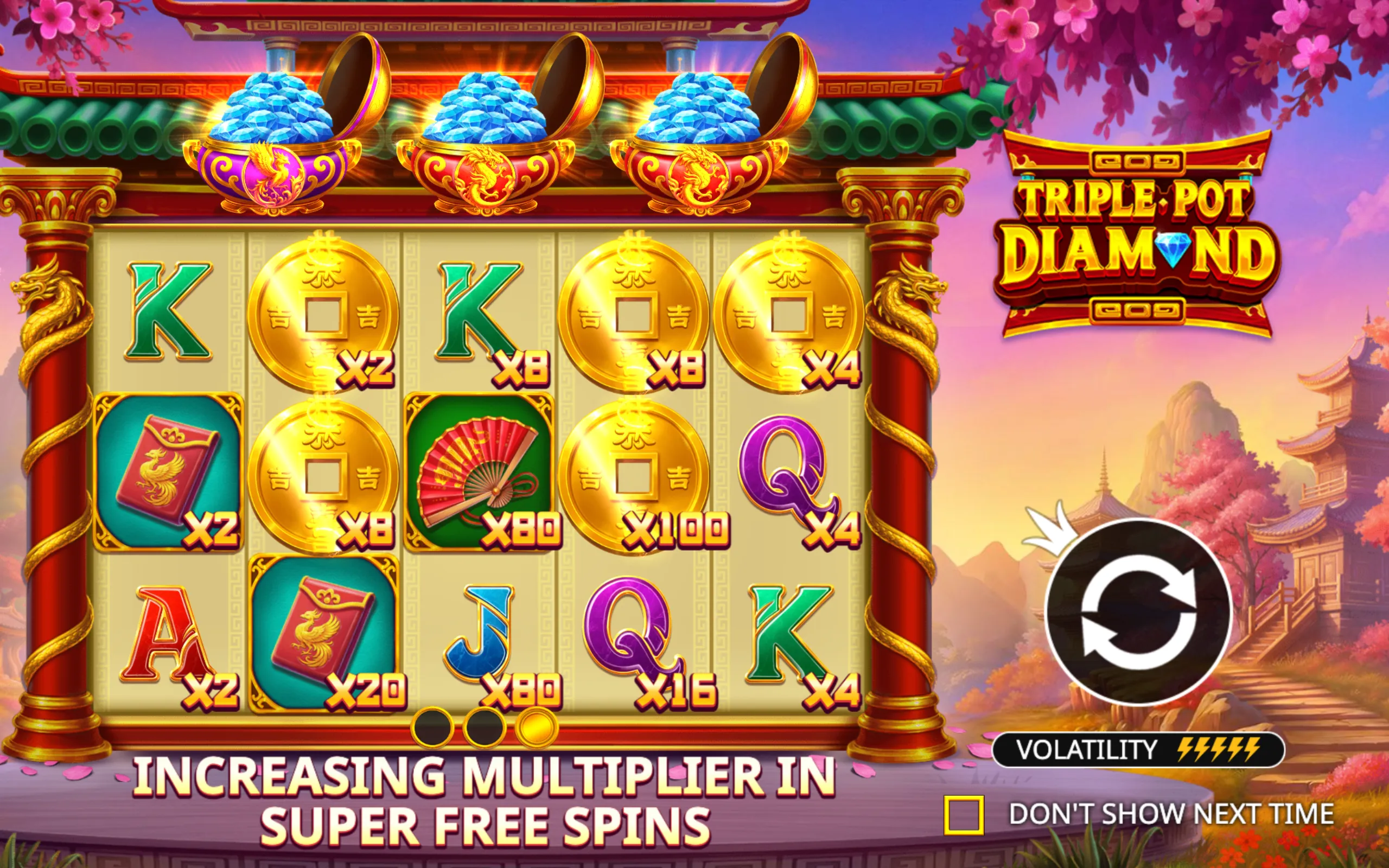 Triple Pot Diamond slot game with golden coins, multipliers, and traditional Asian symbols set against a colorful temple backdrop.