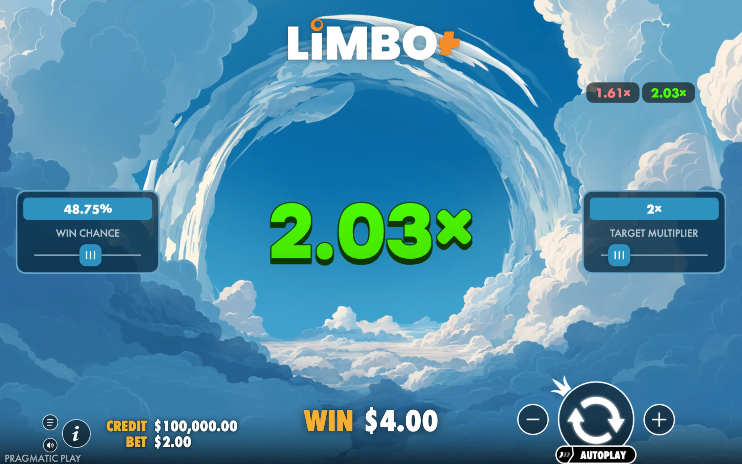 Limbo+ slot game interface with a serene sky and cloud backdrop, featuring win chance, target multiplier, and current multiplier values prominently displayed.