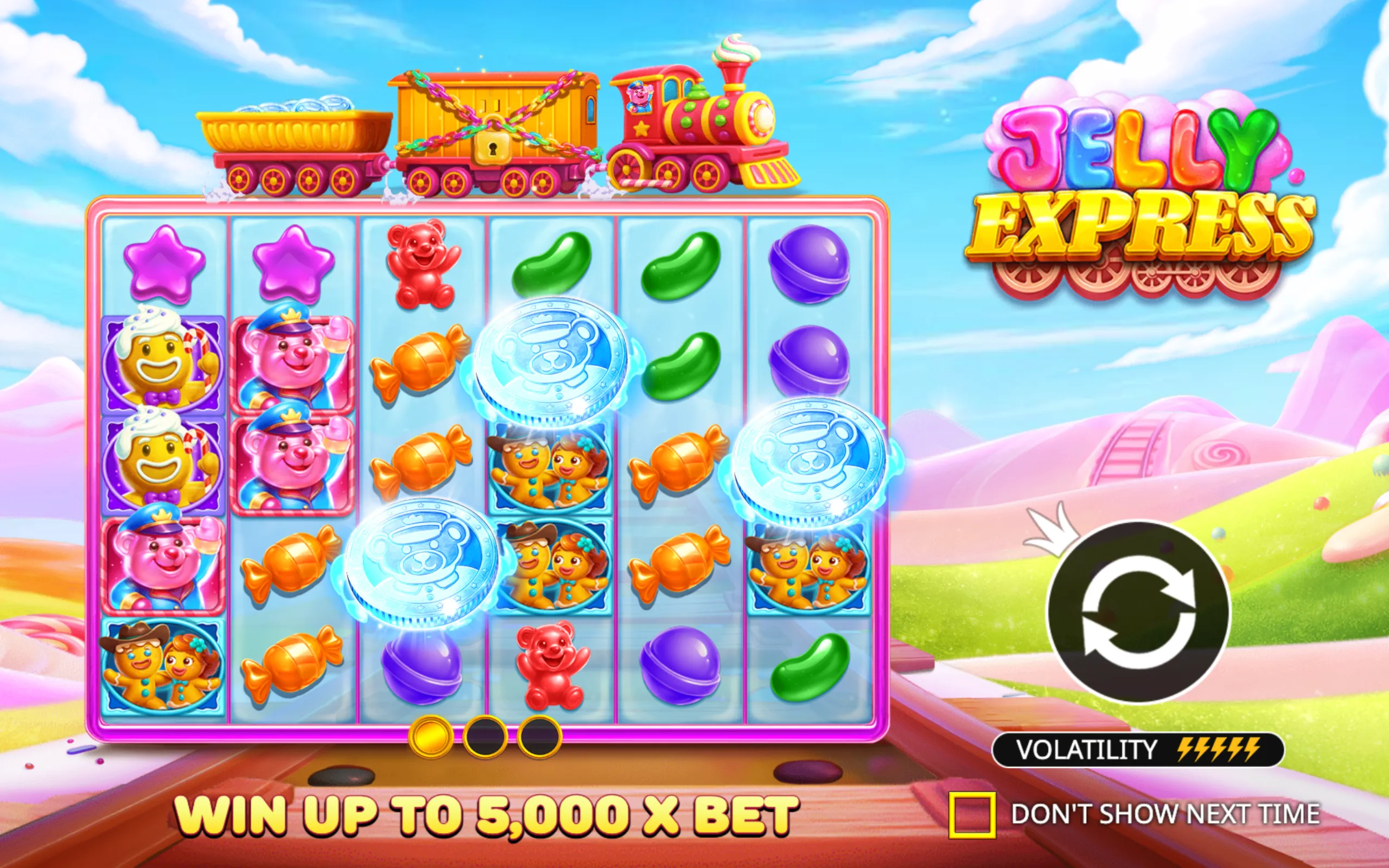 Bright and colorful slot game interface featuring candy-themed symbols like gummy bears, jelly beans, gingerbread characters, and a cheerful candy train on a pastel landscape.