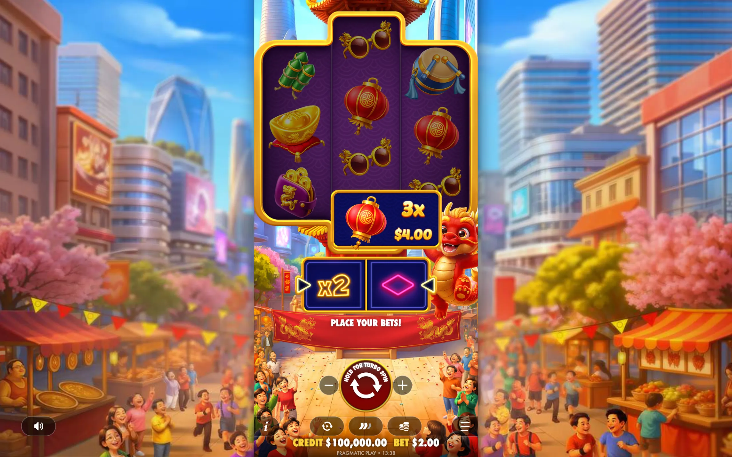 A vibrant slot game interface featuring traditional Chinese symbols like red lanterns, gold ingots, and drums, set against a lively city street with happy people and a cheerful dragon character.