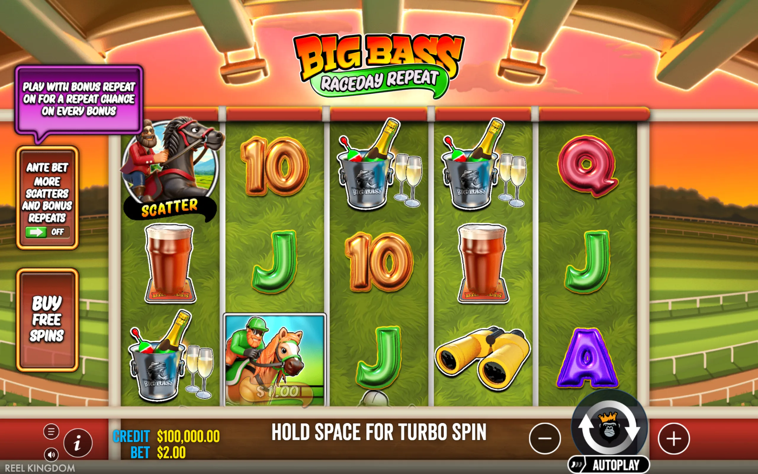 Big Bass Raceday Repeat slot game with horse racing symbols, drinks, and playing card icons on a racetrack background, highlighting bonus repeat feature.
