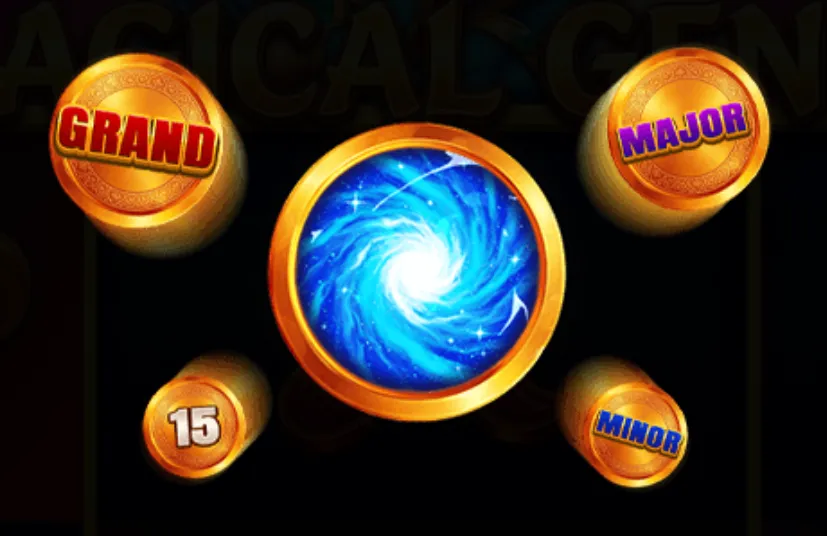 Golden coins labeled Grand, Major, Minor, and a 15-coin token surround a swirling blue magical vortex symbolizing jackpot tiers in a genie-themed slot game.